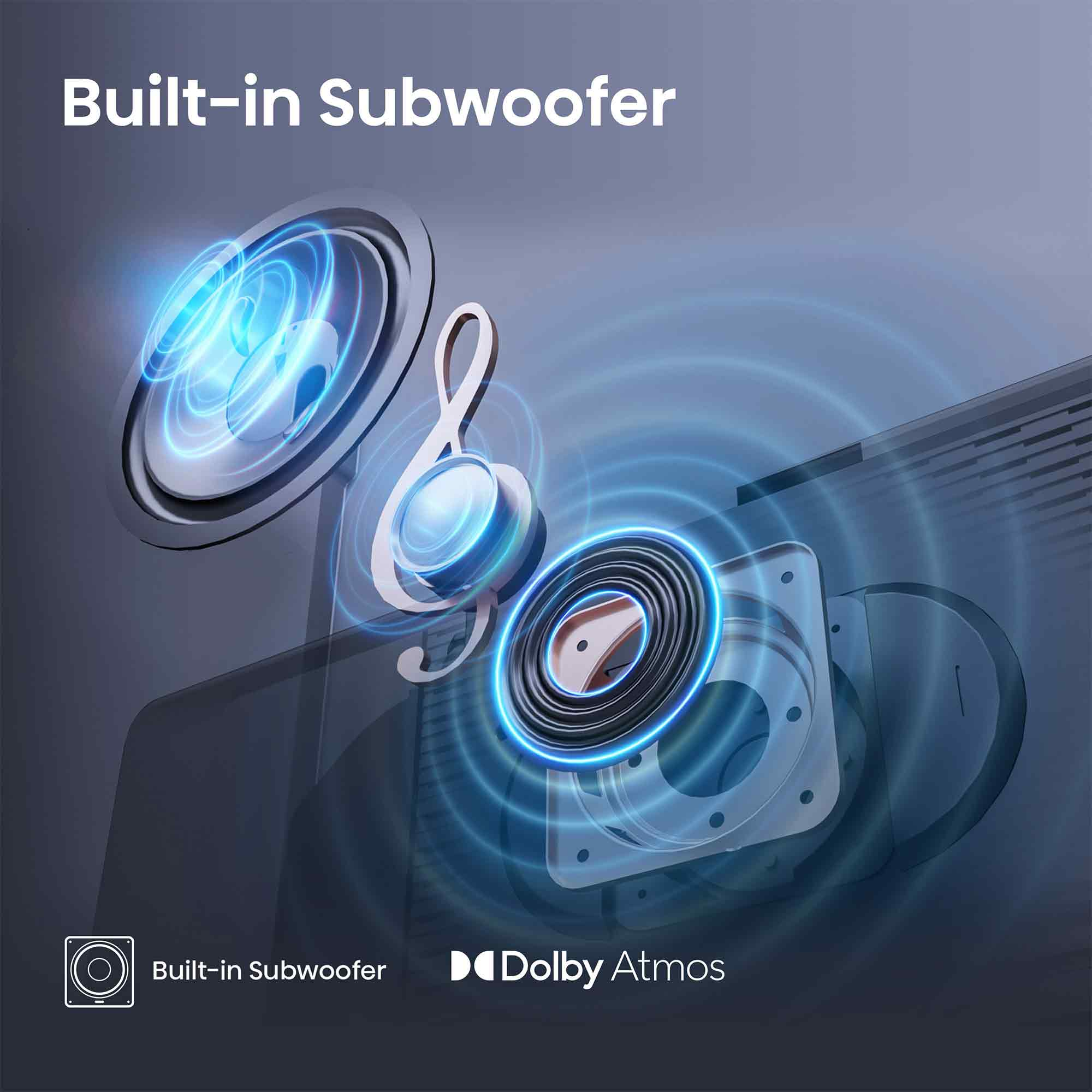 Altavoces con ondas azules y notas musicales. Texto: Subwoofer incorporado, Dolby Atmos.
