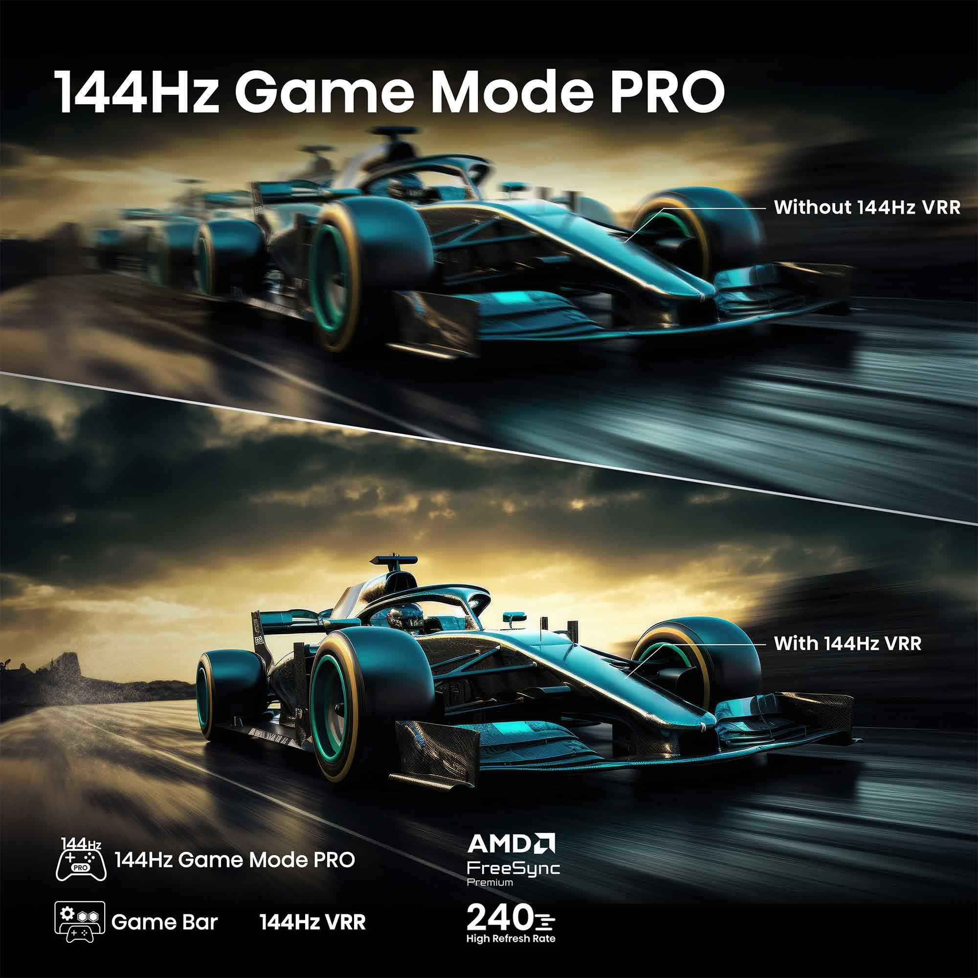 Dos coches de carreras: arriba borroso, abajo con 144Hz VRR, Modo Juego PRO.