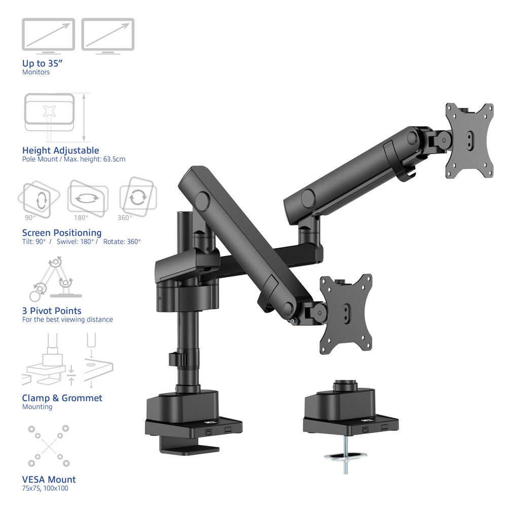 Supporto da scrivania nero per doppio monitor con bracci regolabili, morsetto e supporti VESA.