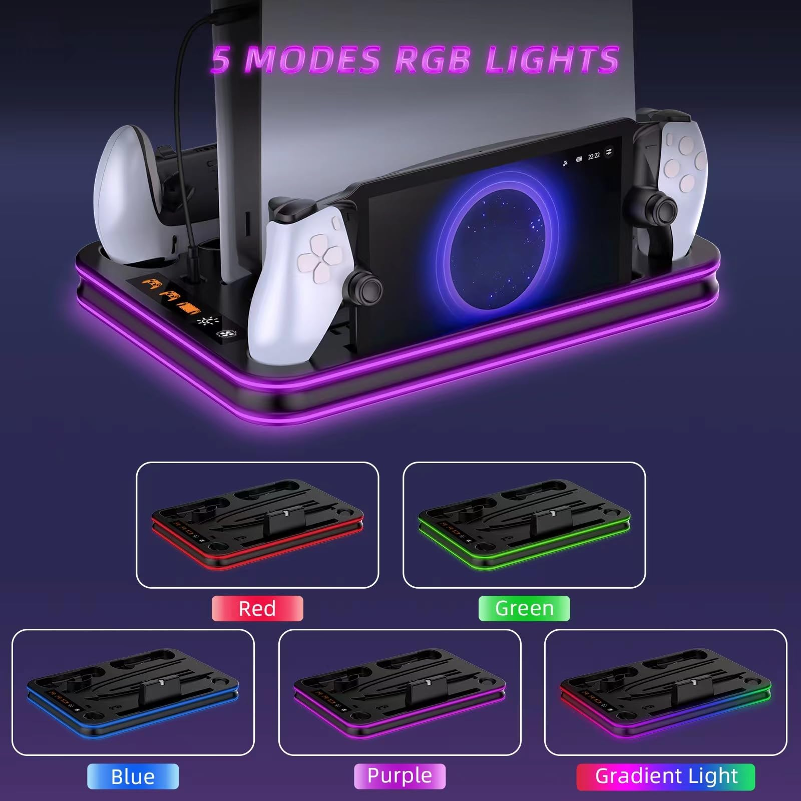 Gaming-Ladestation mit Controllern, Handy und RGB-Beleuchtung in verschiedenen Farben.