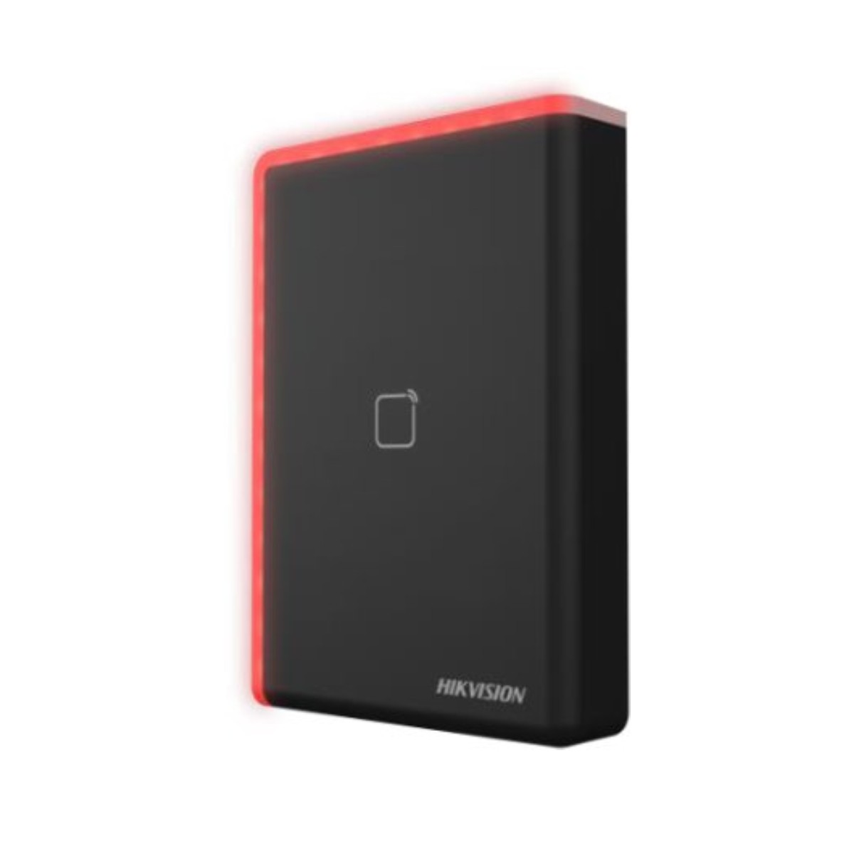Un dispositivo Hikvision nero con luce di bordo rossa e un'icona.