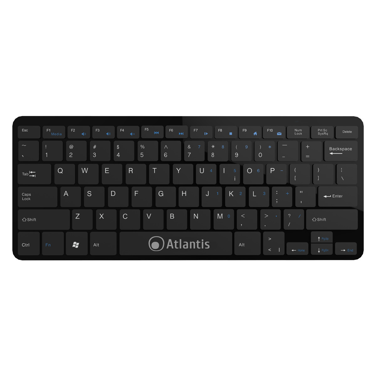 Schwarze Tastatur mit Atlantis-Logo in der Mitte, Blick von oben.