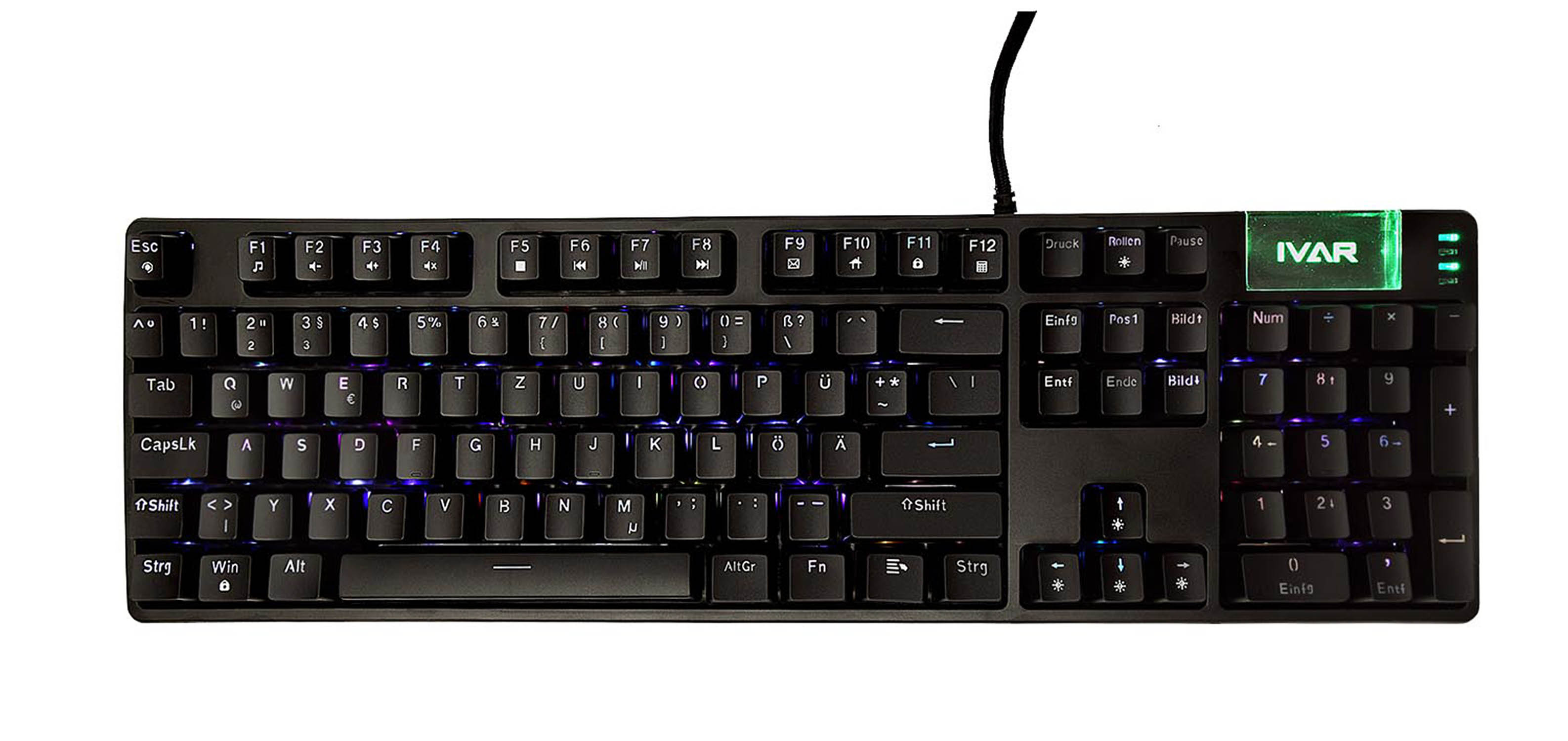 Schwarze Tastatur mit beleuchteten Tasten und dem IVAR-Logo.