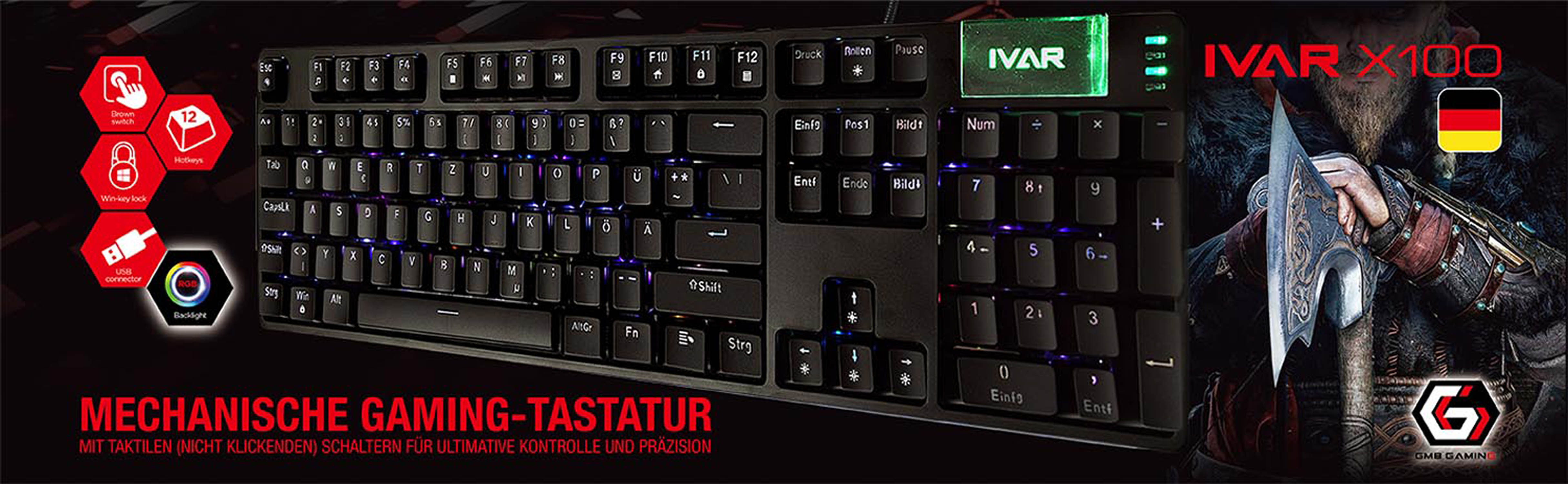 Schwarze Gaming-Tastatur mit RGB-Hintergrundbeleuchtung und deutscher Flagge.