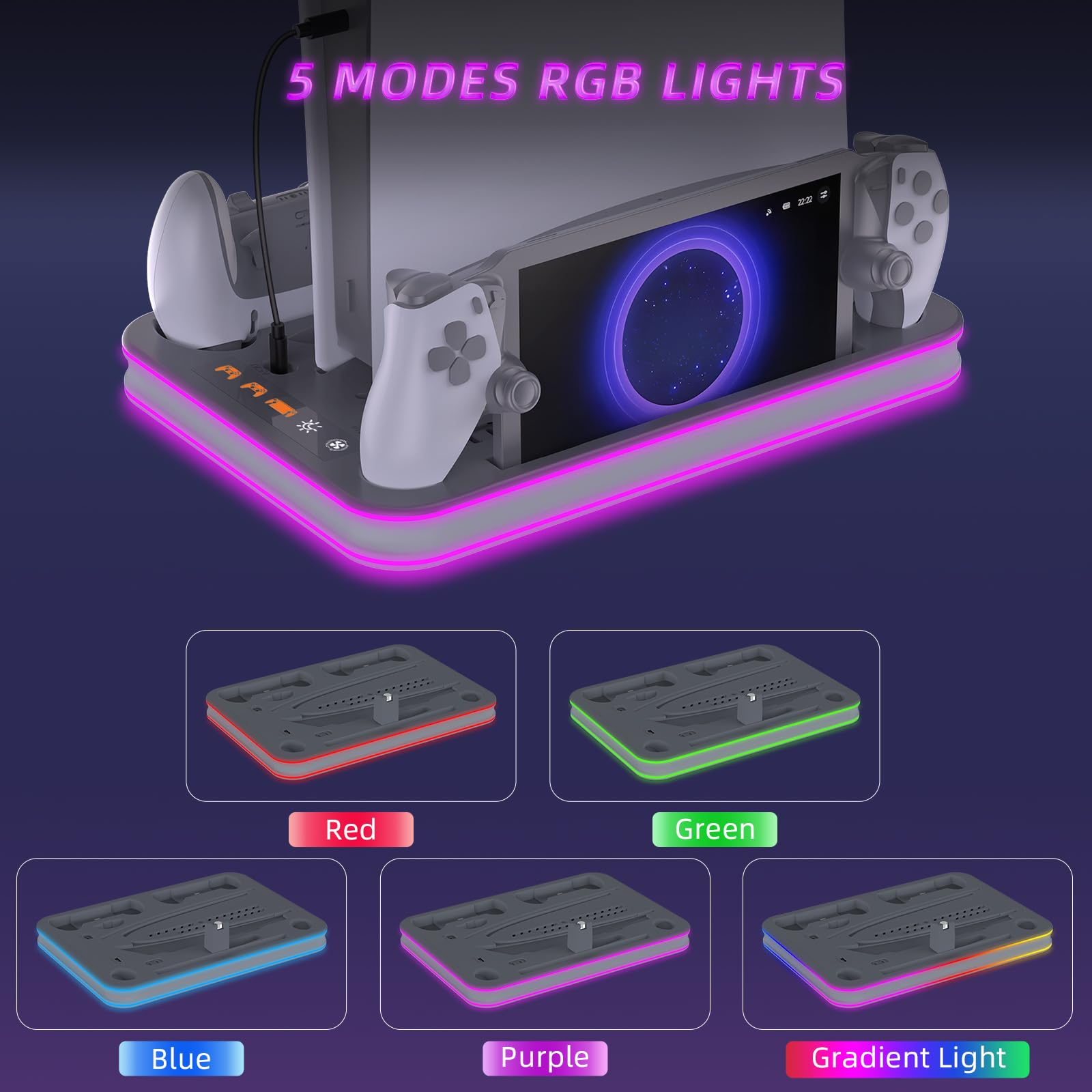 Ein grauer Ladeständer für Spielekonsolen mit RGB-Beleuchtung und Controllern.
