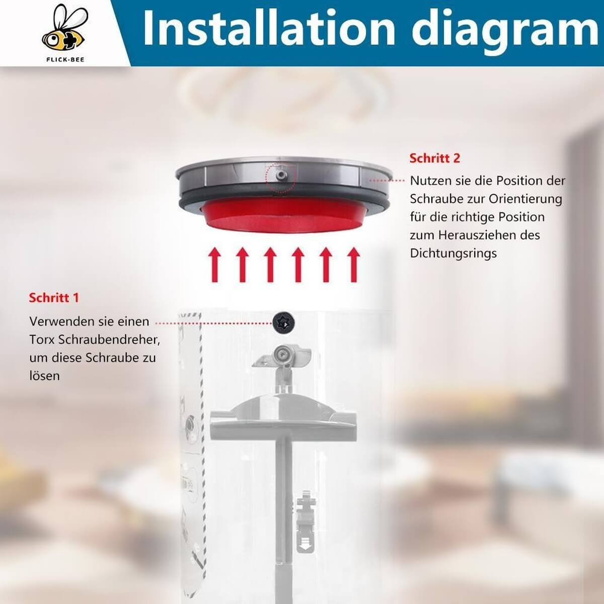 Schema di installazione con frecce rosse verso l'alto e istruzioni.