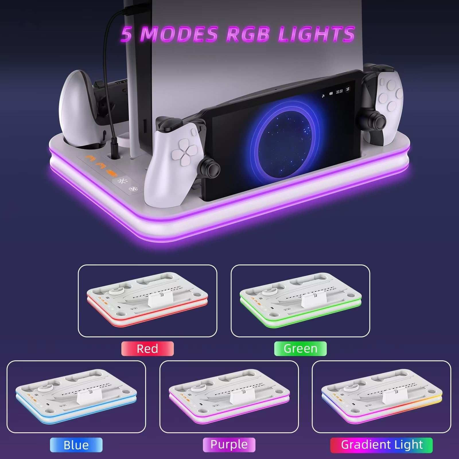 Gaming-Ladestation mit 5 RGB-Lichtmodi, zwei Controllern und einem Tablet.
