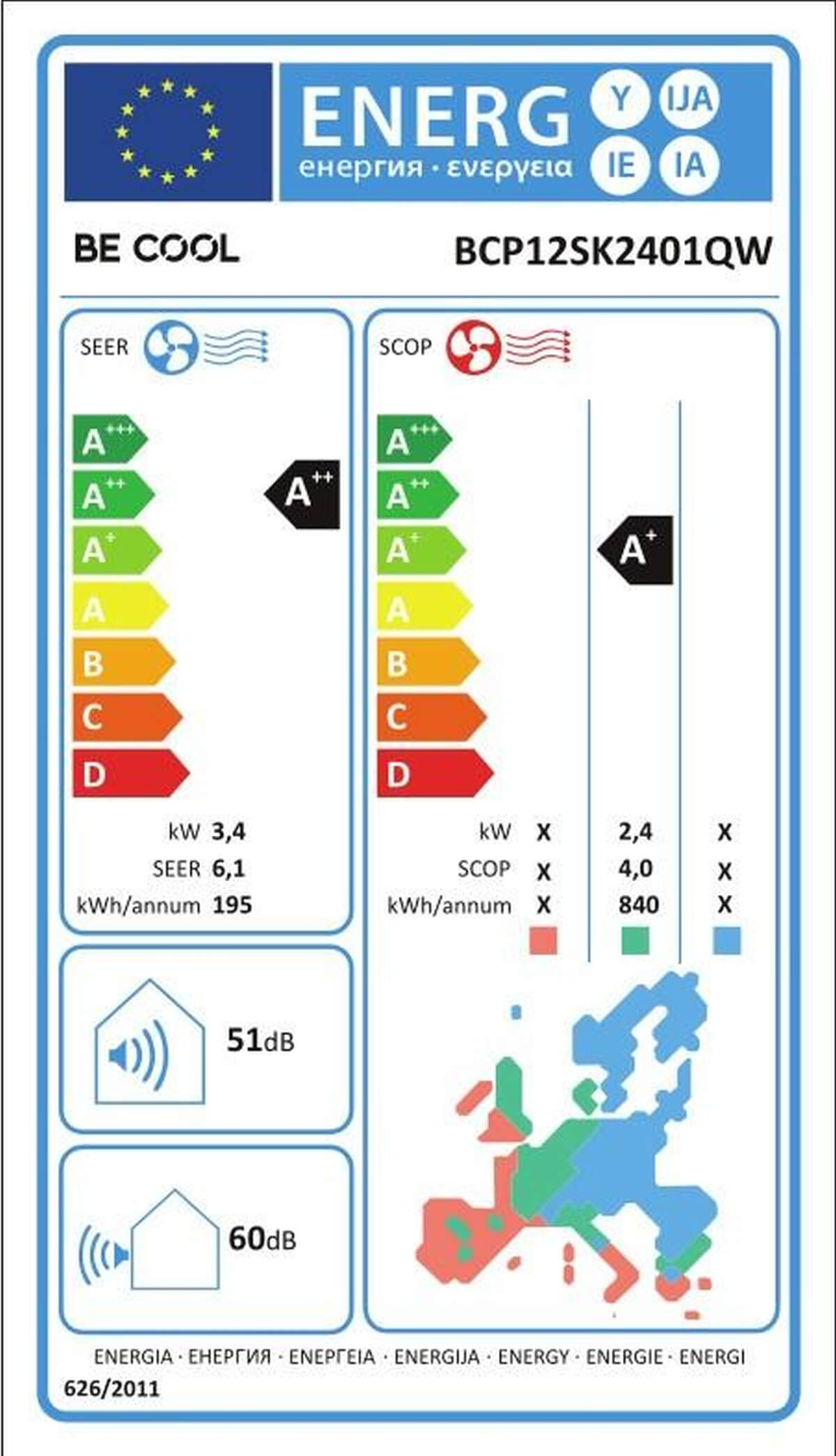 Etichetta energetica per condizionatore BE COOL BCP12SK2401QW, classi di efficienza.