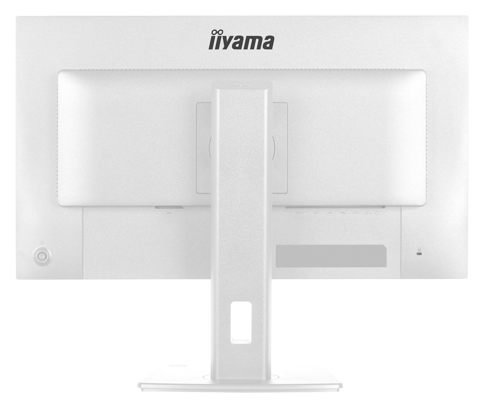 Rückseite eines weißen iiyama Monitors mit einem Standfuß und Anschlüssen.