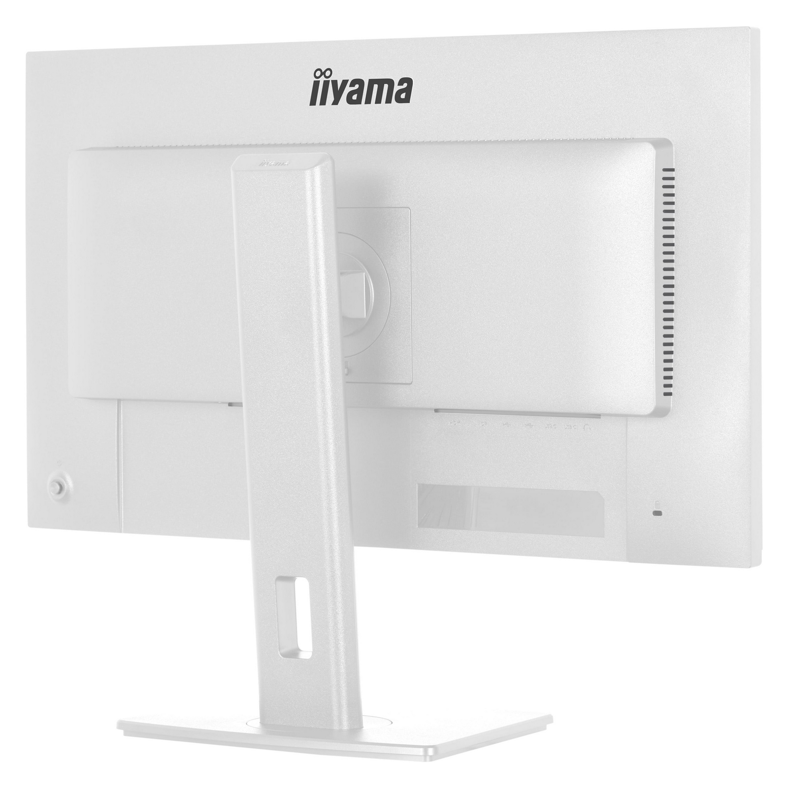 Tył białego monitora z logo iiyama i różnymi portami.