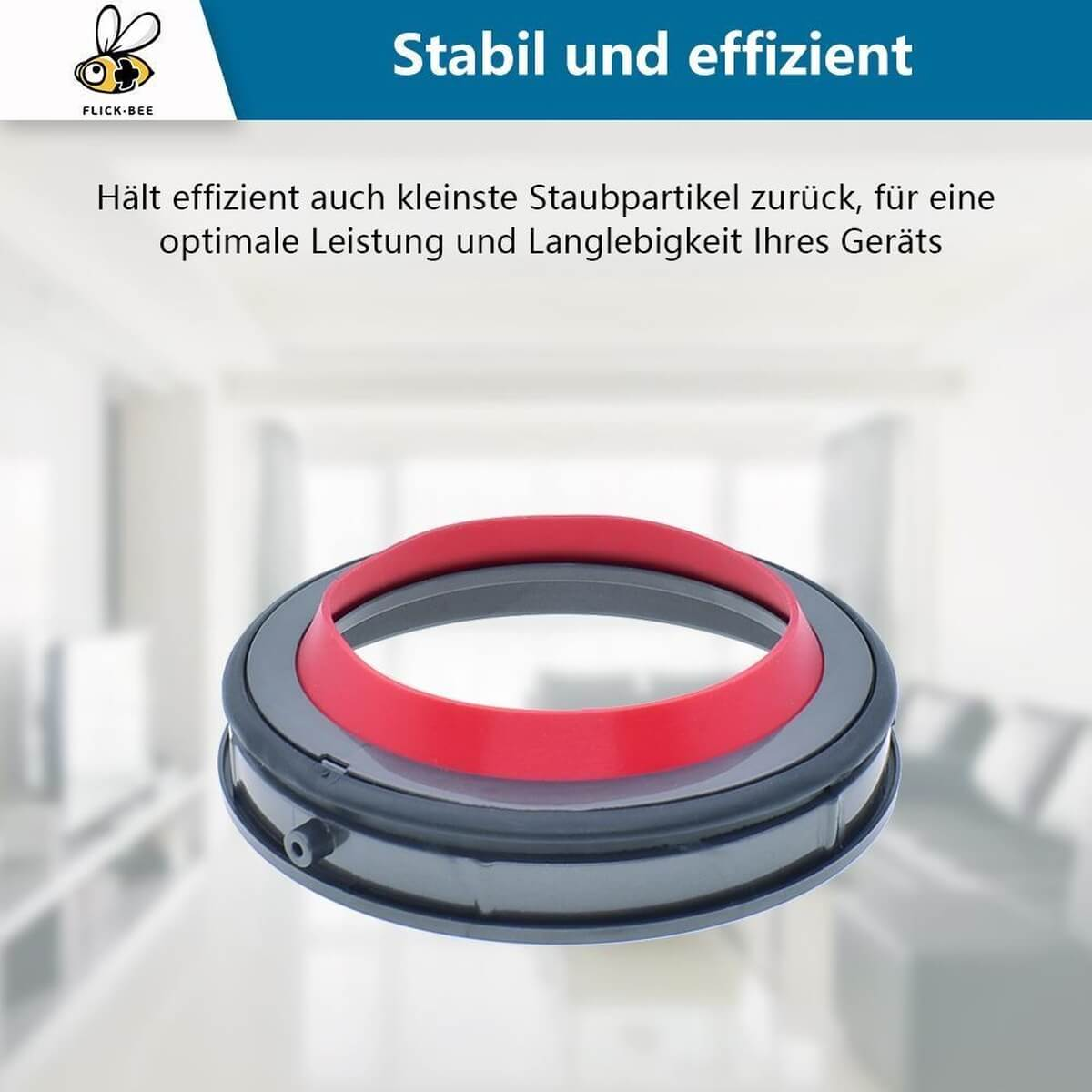 Un anello filtro grigio con inserto rosso su sfondo sfocato.