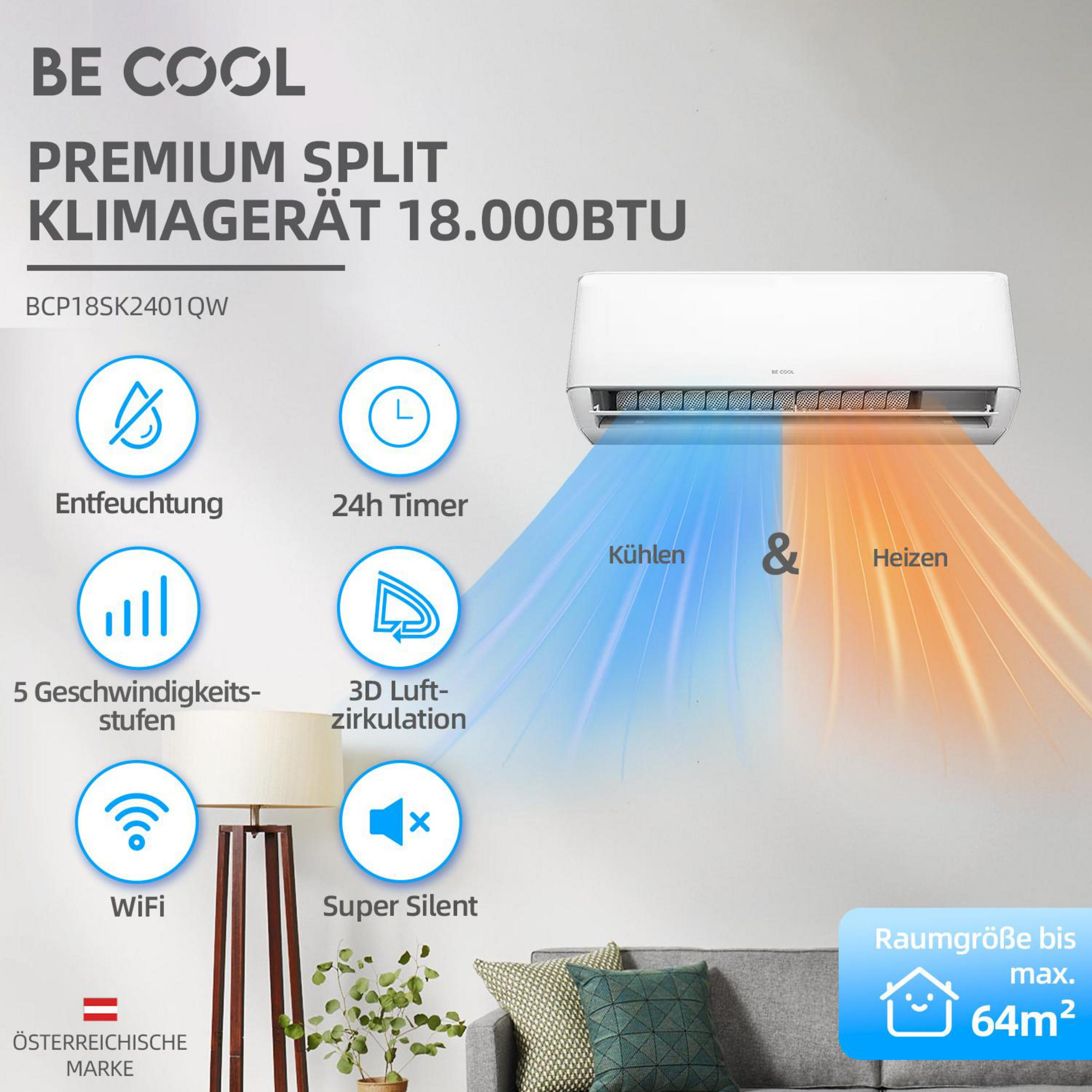 Condizionatore BE COOL caldo/freddo, 5 velocità, timer, WiFi, 64m².