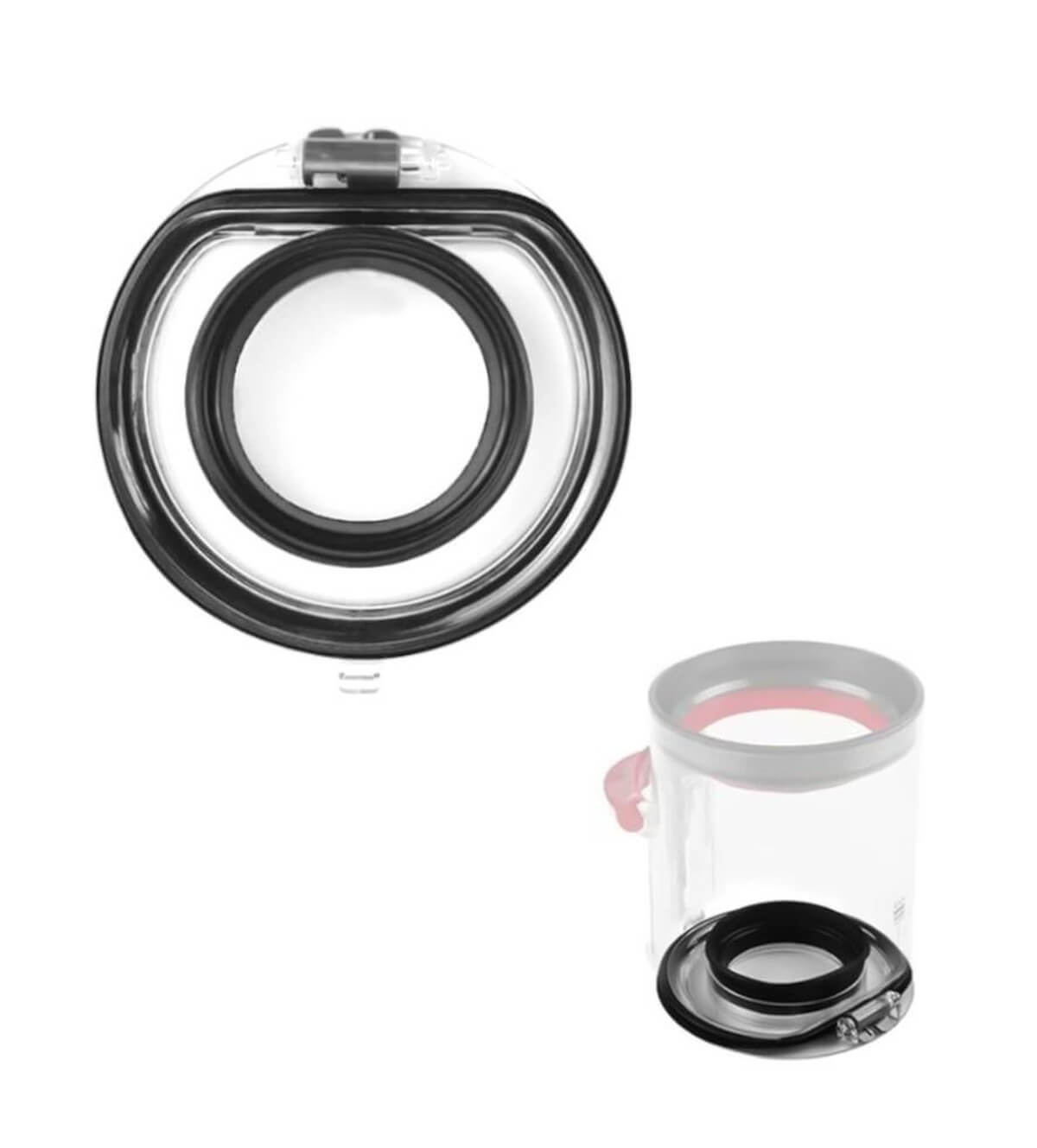 Un contenitore antipolvere trasparente con coperchio nero e un anello nero separato.