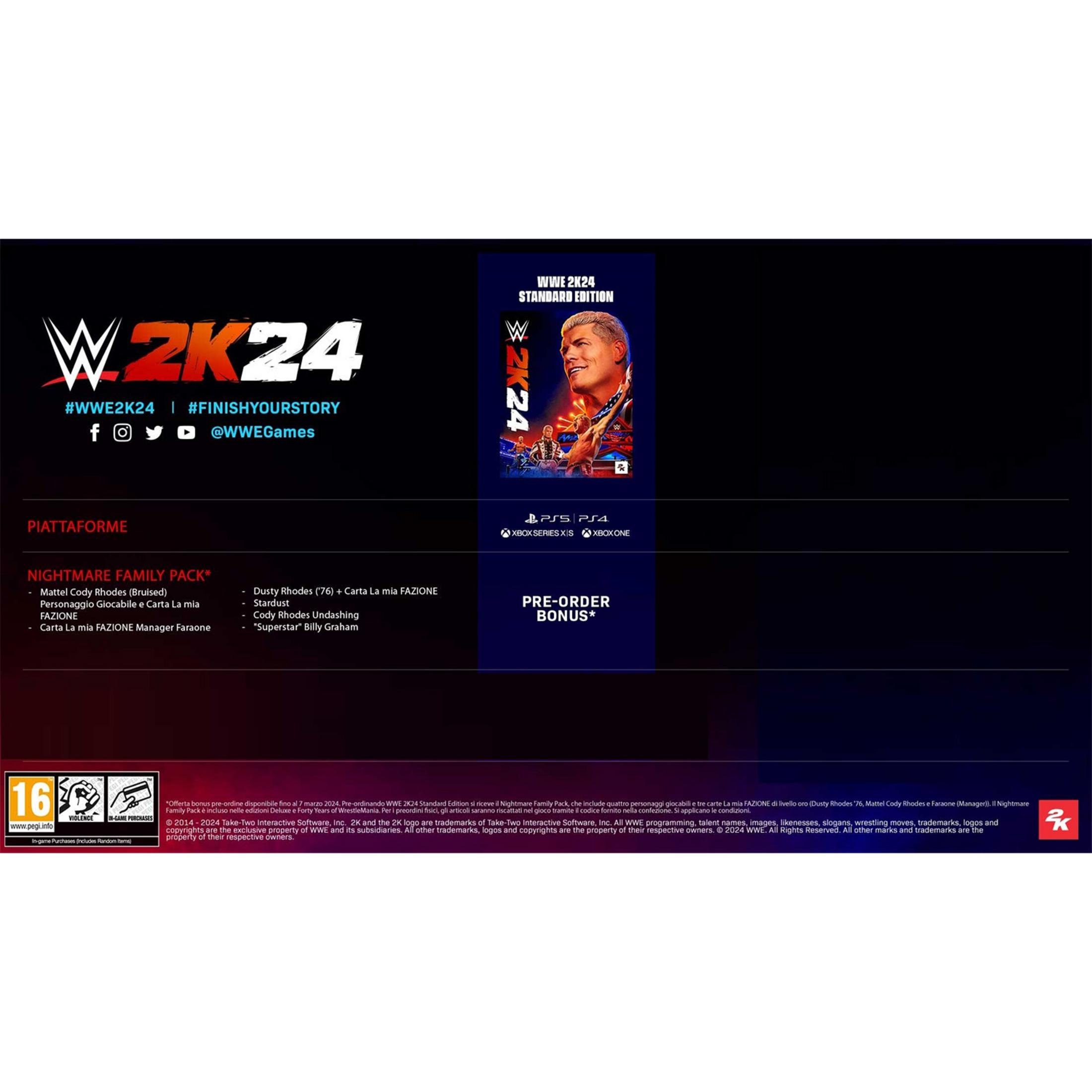 WWE 2K24 Standard Edition con Cody Rhodes, piattaforme e bonus Nightmare Family Pack.