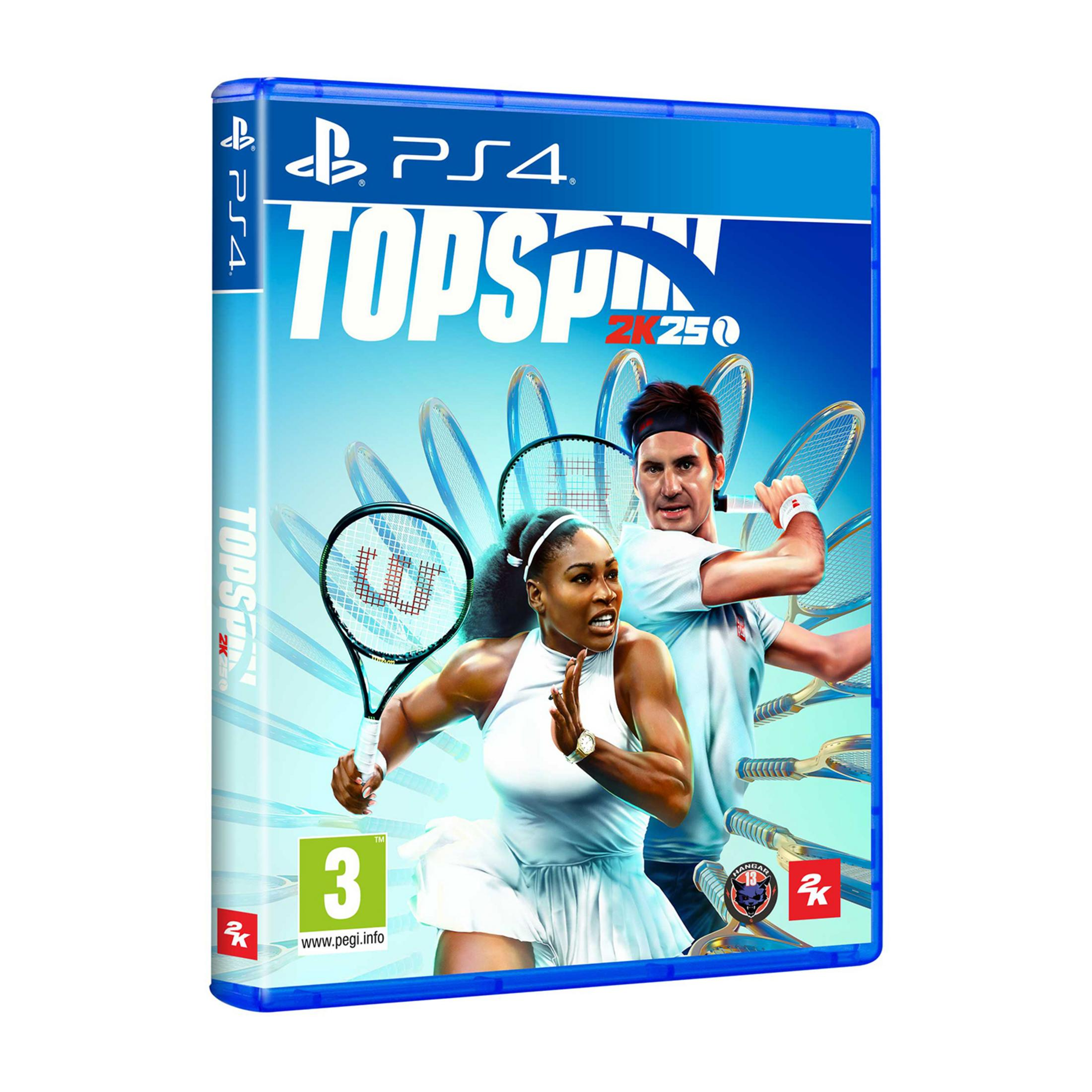 Custodia del gioco PS4 Topspin 2K25 con Serena Williams e Roger Federer, circondati da racchette.