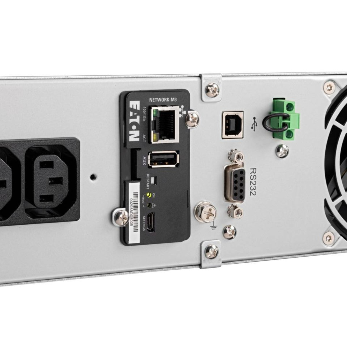 Retro di un dispositivo con porte di rete, USB, RS232 e ventola.