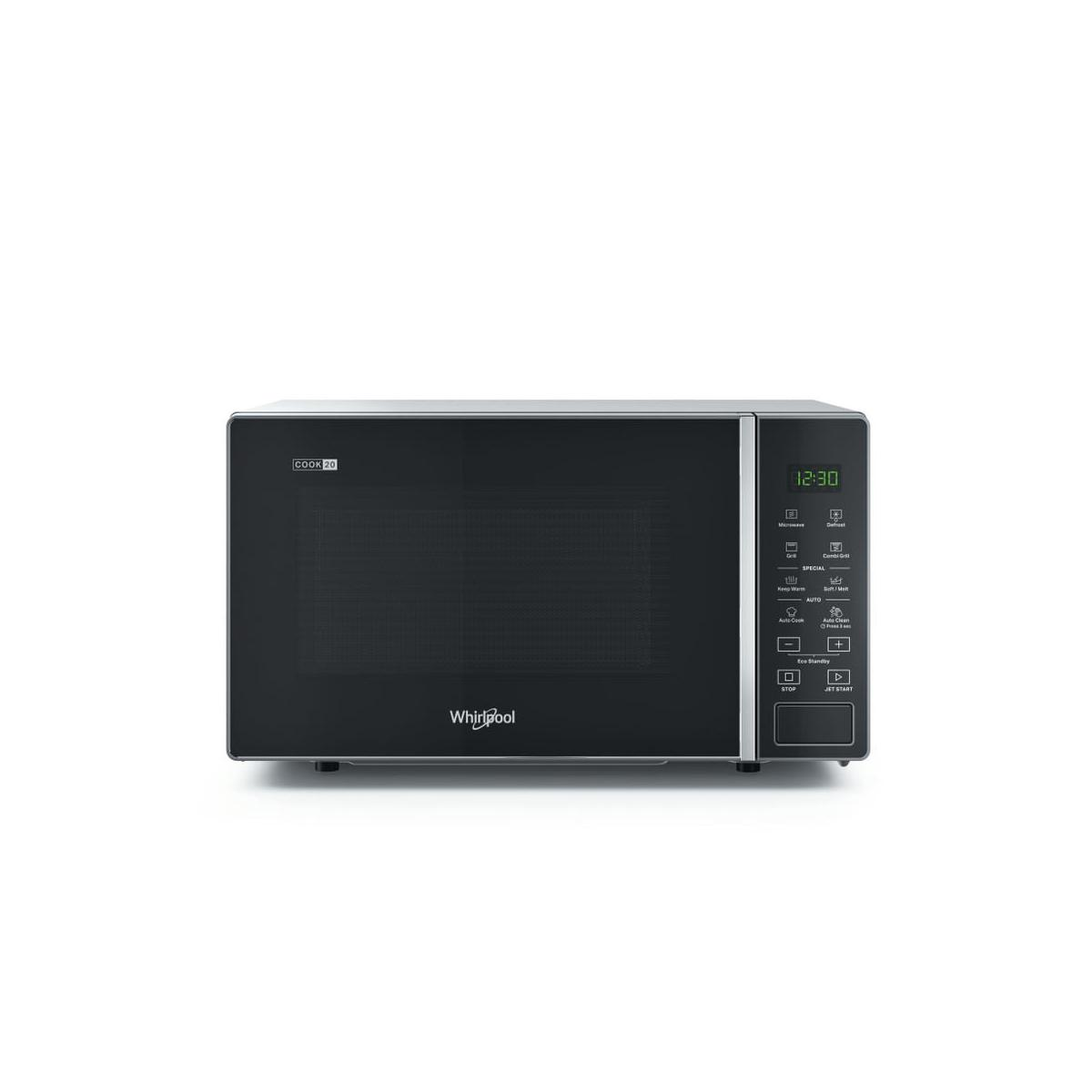 Microondas Whirlpool negro con pantalla digital y panel de control.