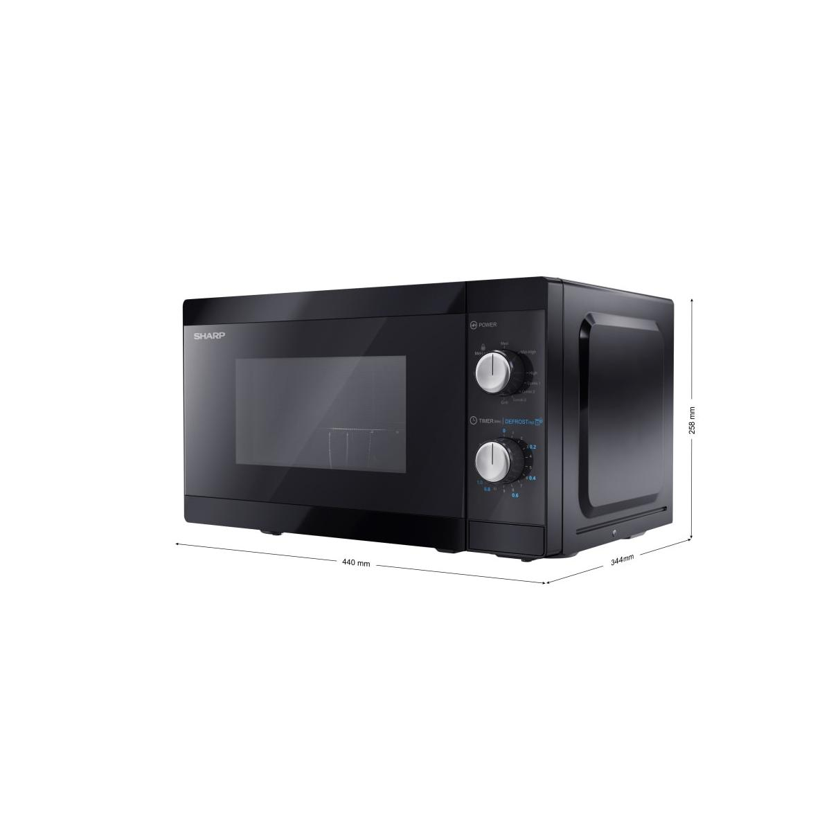 Microondas Sharp negro con botones y asa plateados. Dimensiones mostradas.