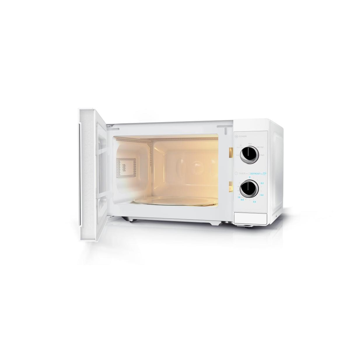 A white microwave oven with its door open and interior lit. It has two control knobs.