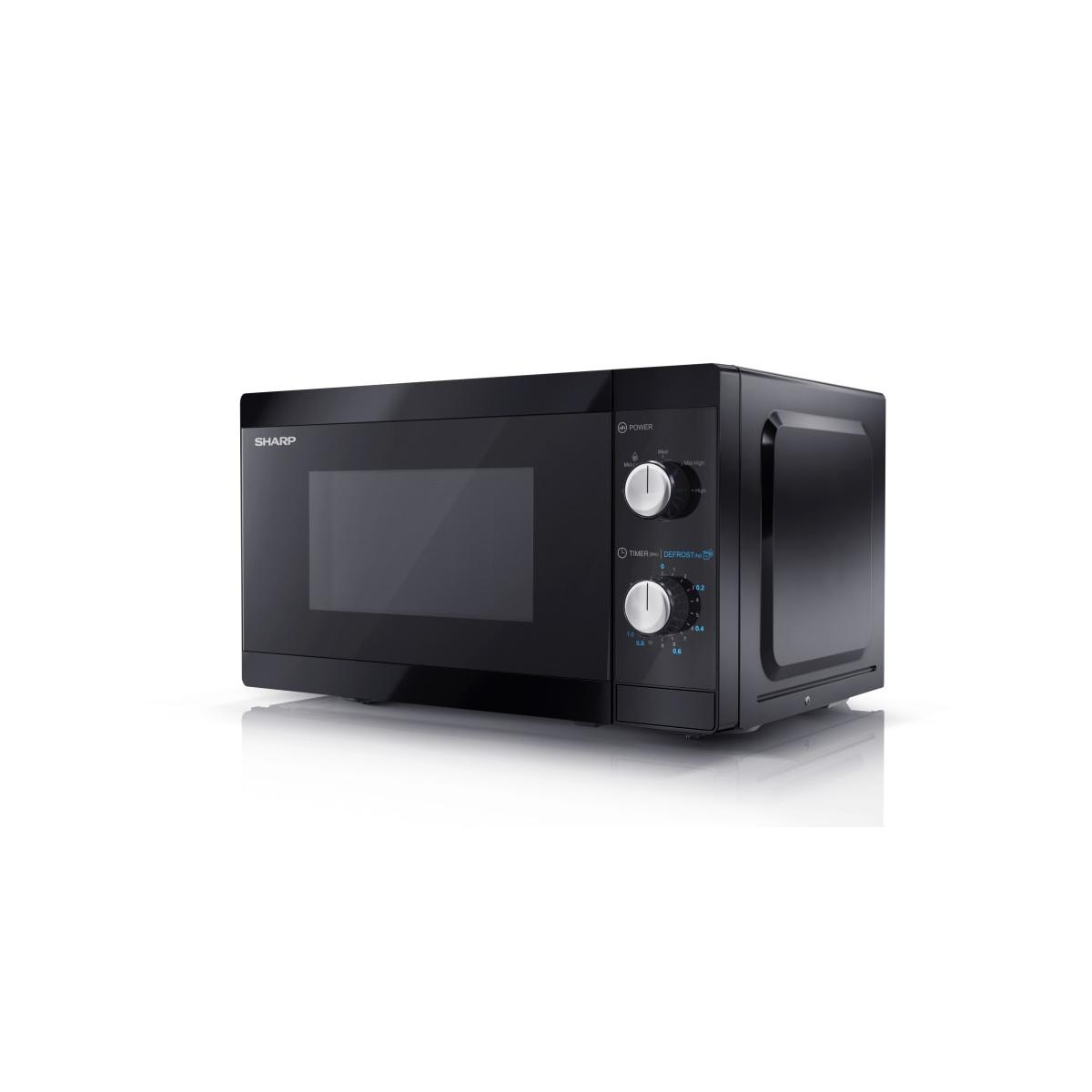 Black Sharp microwave with silver dials and a black door.