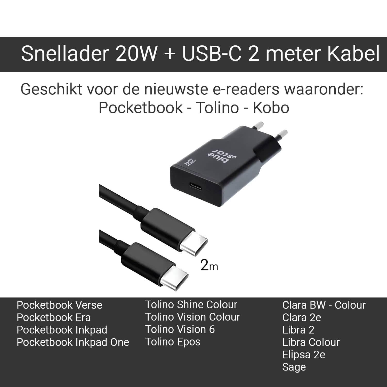 A black USB-C charger and a 2m cable lie on a white background.