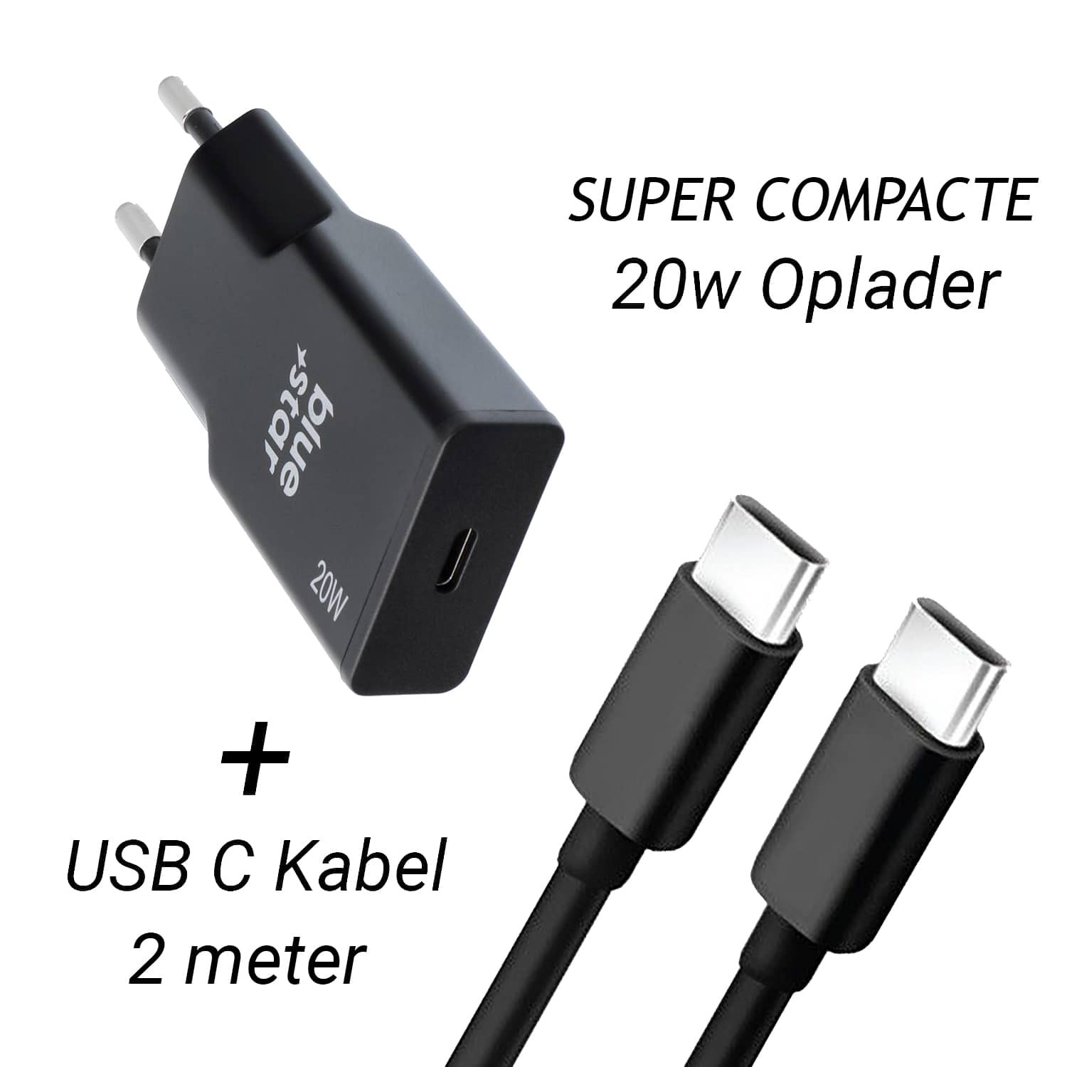 Black 20W wall charger with two 2-meter USB-C cables.