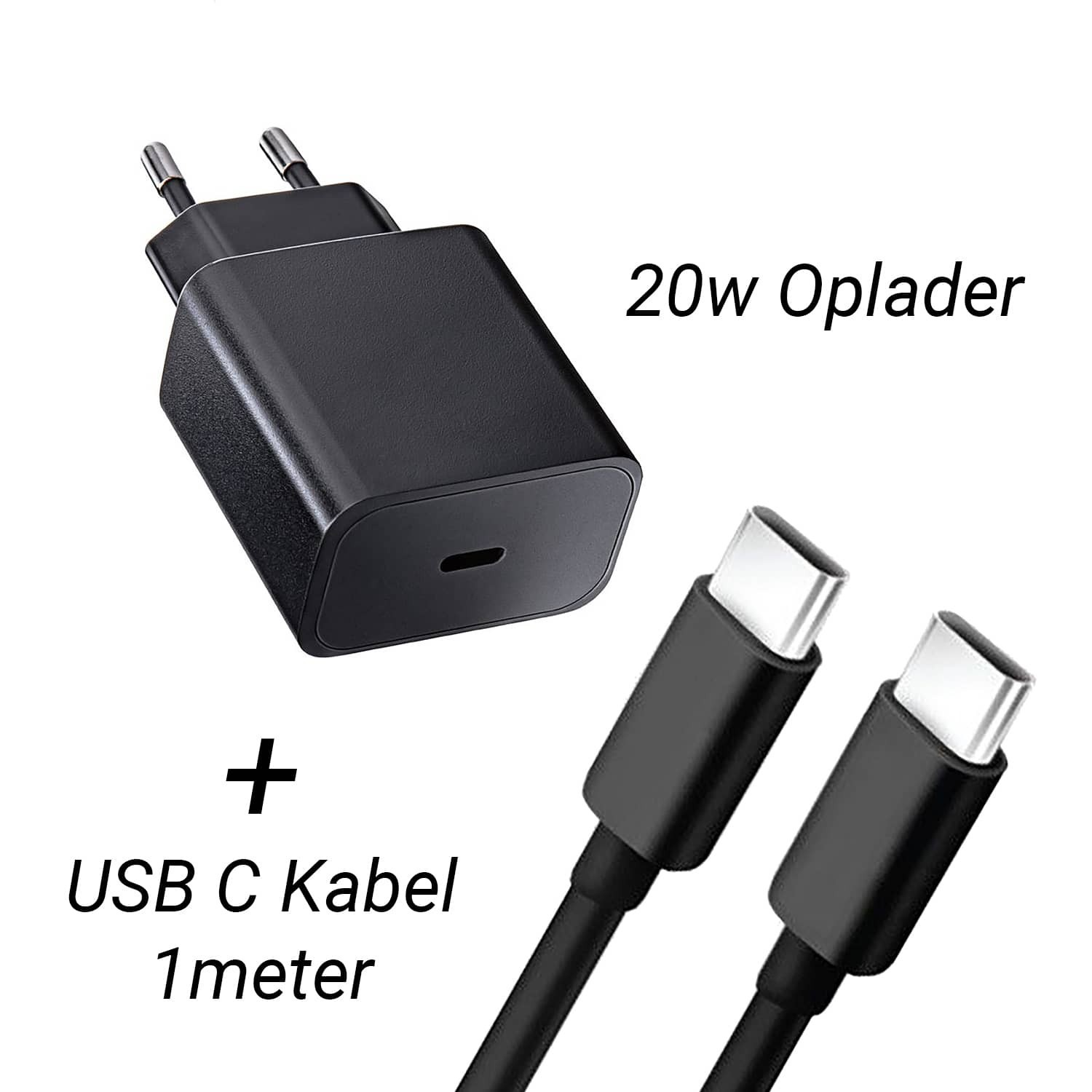 Black 20W charger and two USB-C cables on a white background.