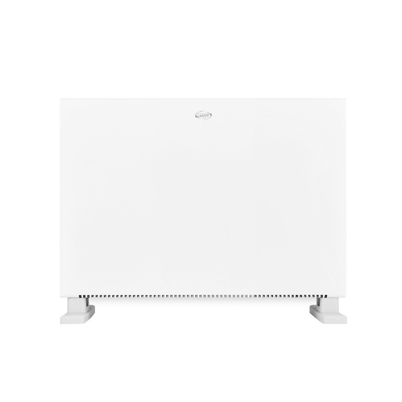 Un radiador blanco con dos pies y ranuras de ventilación.