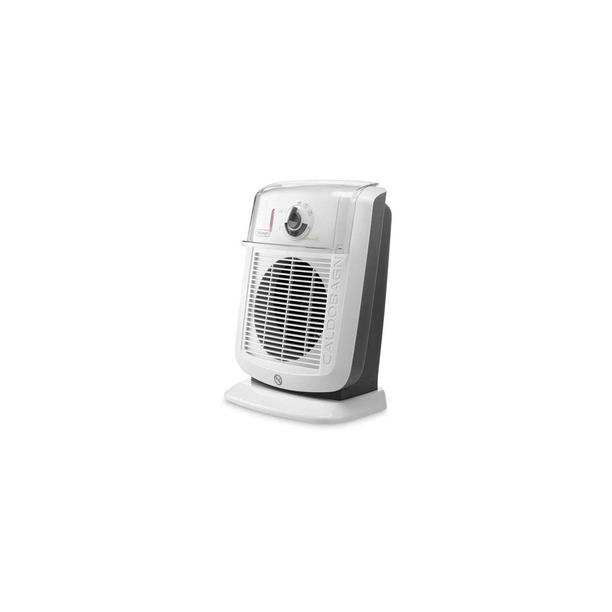 Una stufetta a ventilatore bianca e grigia con griglia e controlli, su sfondo bianco.