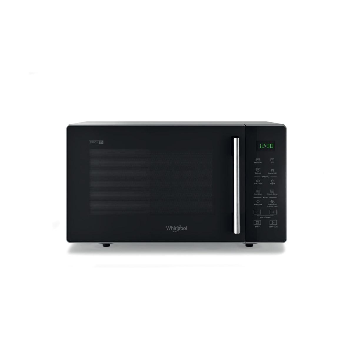 Microondas Whirlpool negro con asa plateada y panel de control digital.