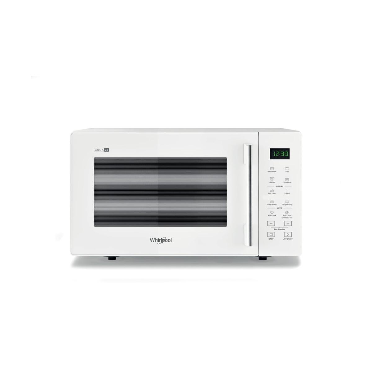 Een witte Whirlpool magnetron met digitale display en bedieningsknoppen.