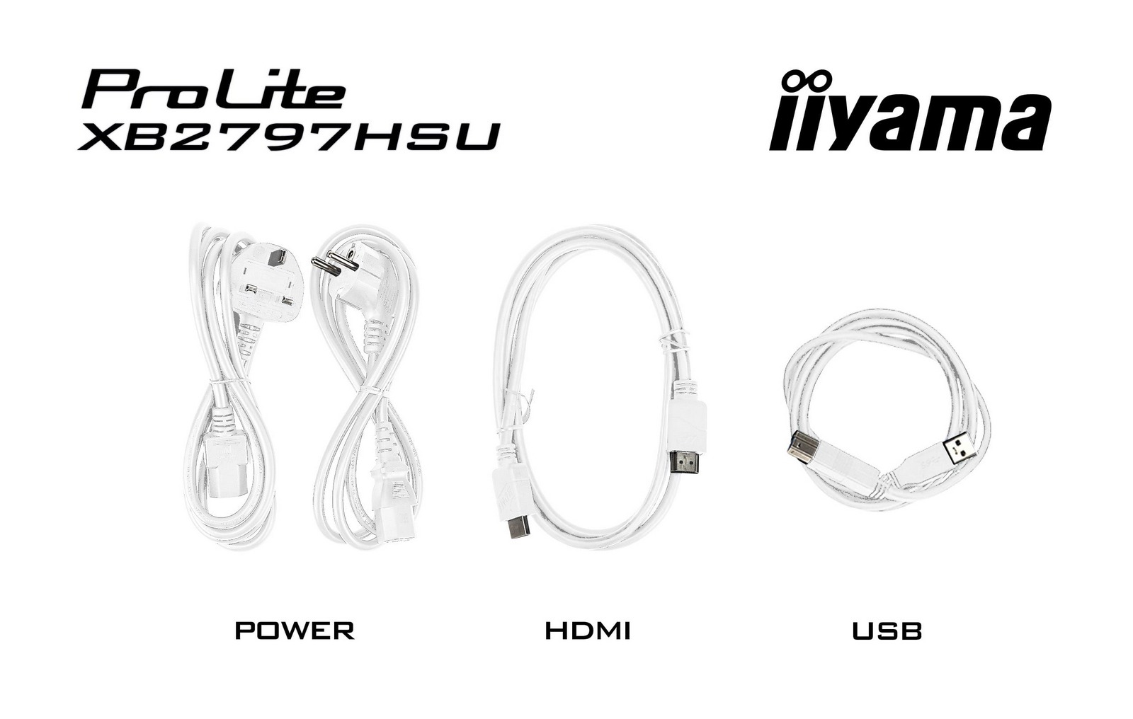 Tre cavi bianchi: alimentazione, HDMI e USB, con loghi e nomi modello.