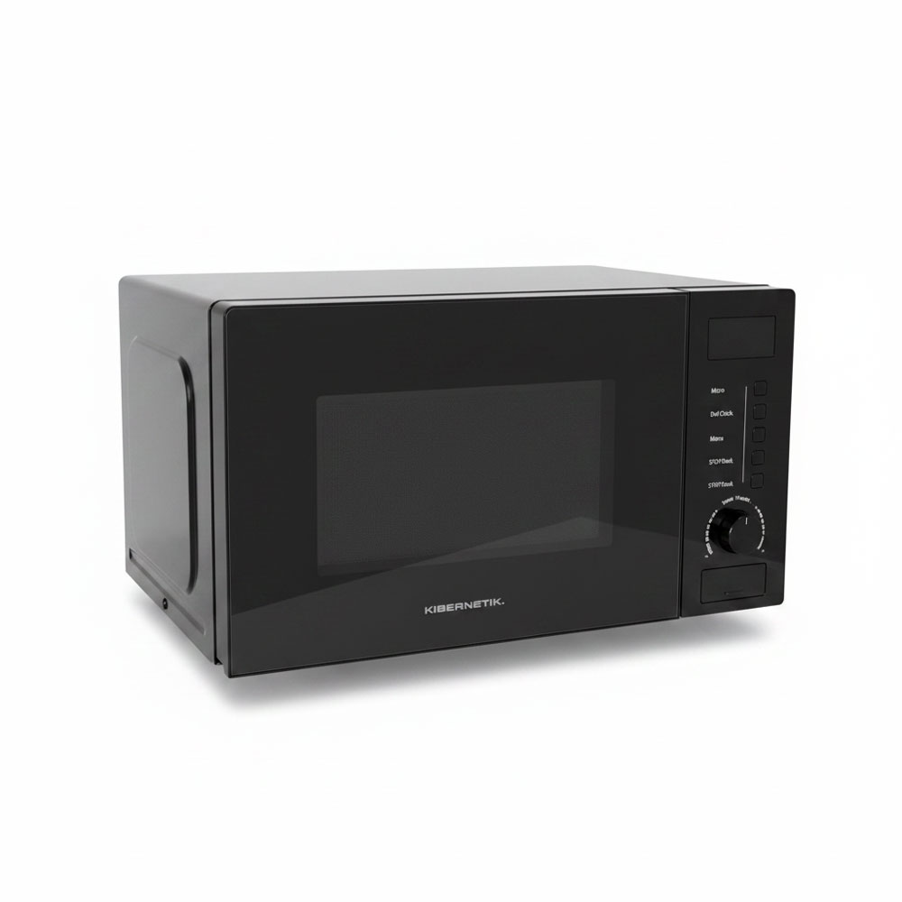 Un micro-ondes noir Kibernetik avec porte vitrée et panneau de commande.