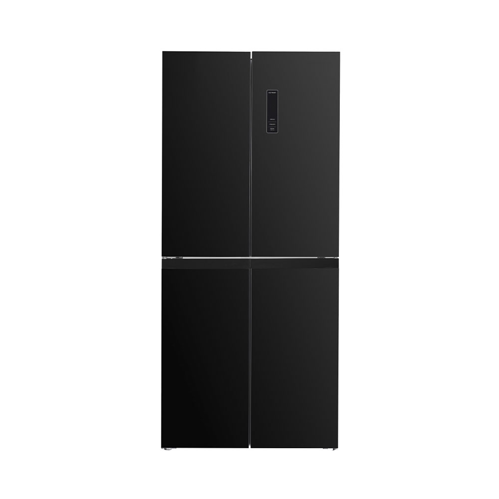 Ein moderner schwarzer Kühlschrank mit vier Türen und einem Touchscreen-Display.