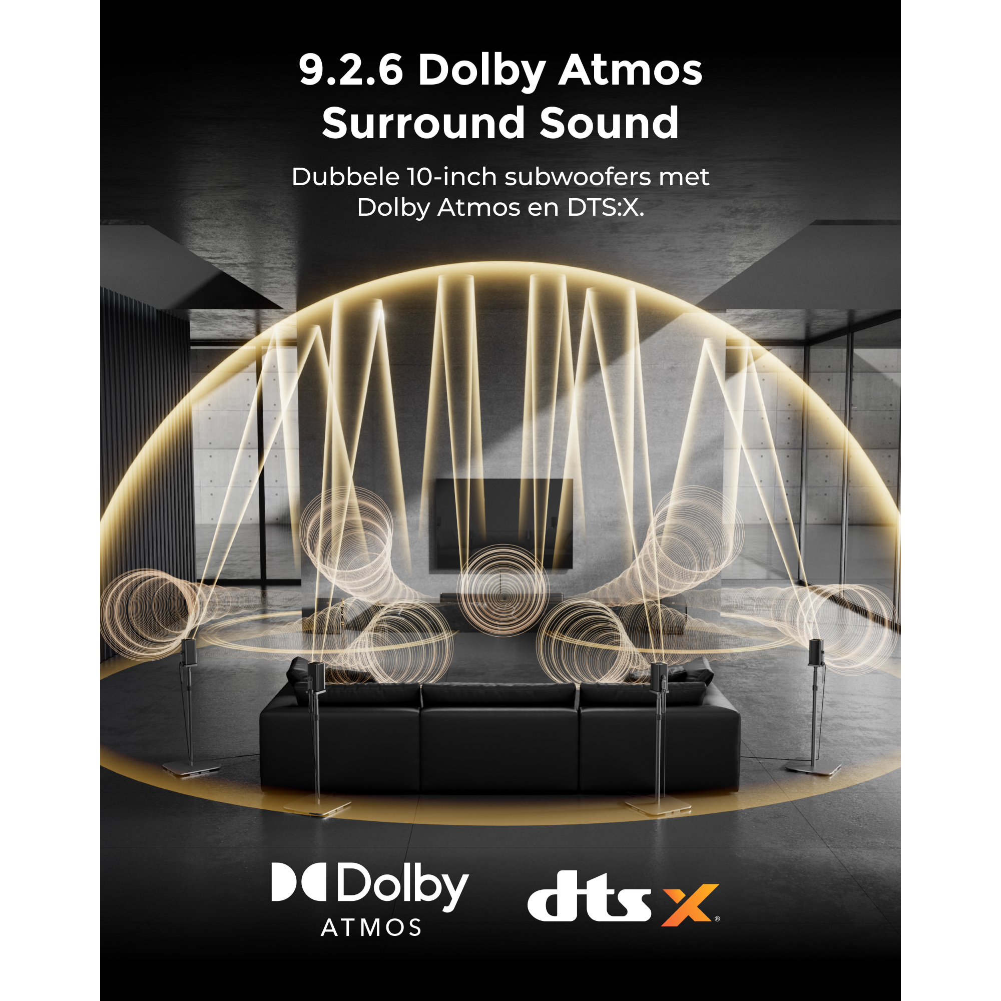 Moderne woonkamer met Dolby Atmos en DTS:X geluidseffecten.