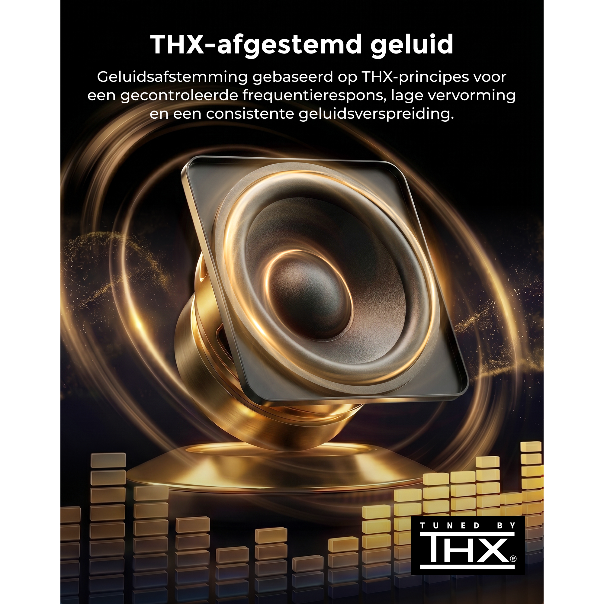Gouden luidspreker met THX-logo en equalizer-balken op de achtergrond.