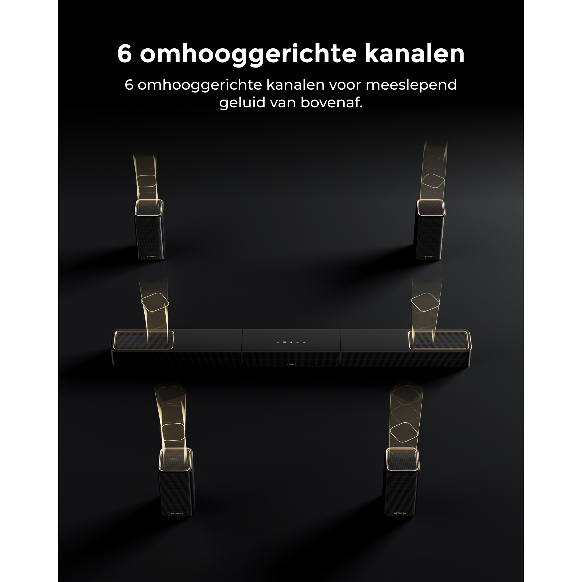 Zwarte soundbar met zes omhooggerichte kanalen die geluid naar boven projecteren.