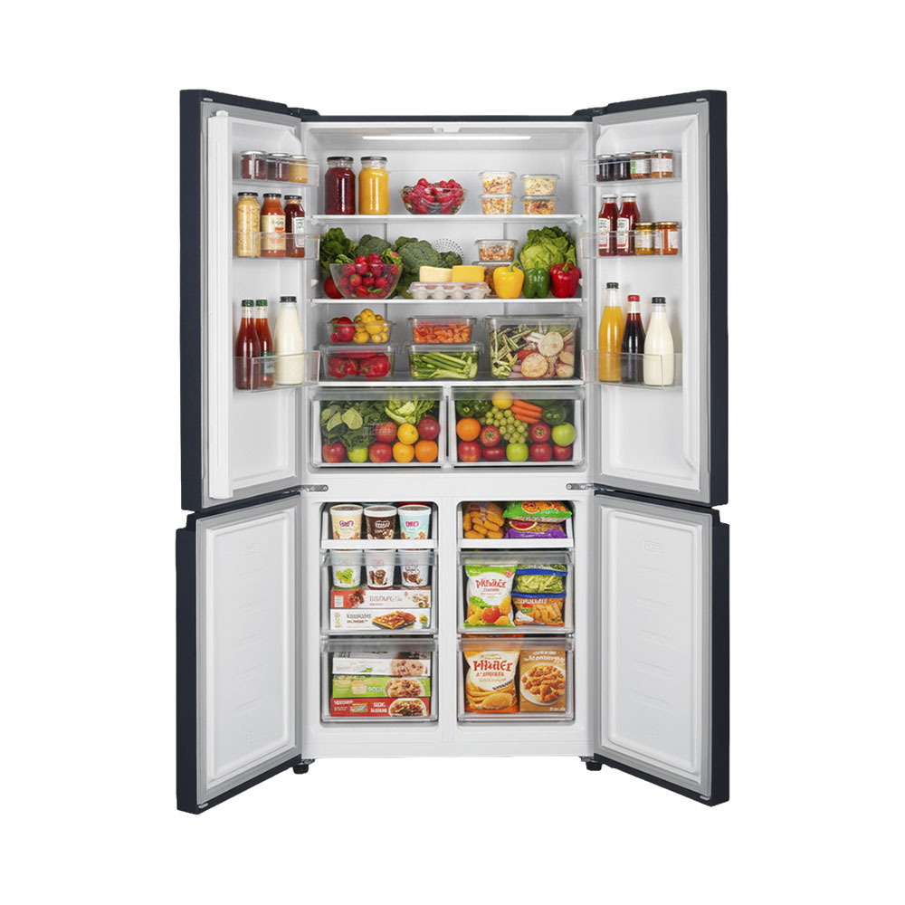Ein offener Kühlschrank mit vielen Lebensmitteln, Obst, Gemüse und Getränken.