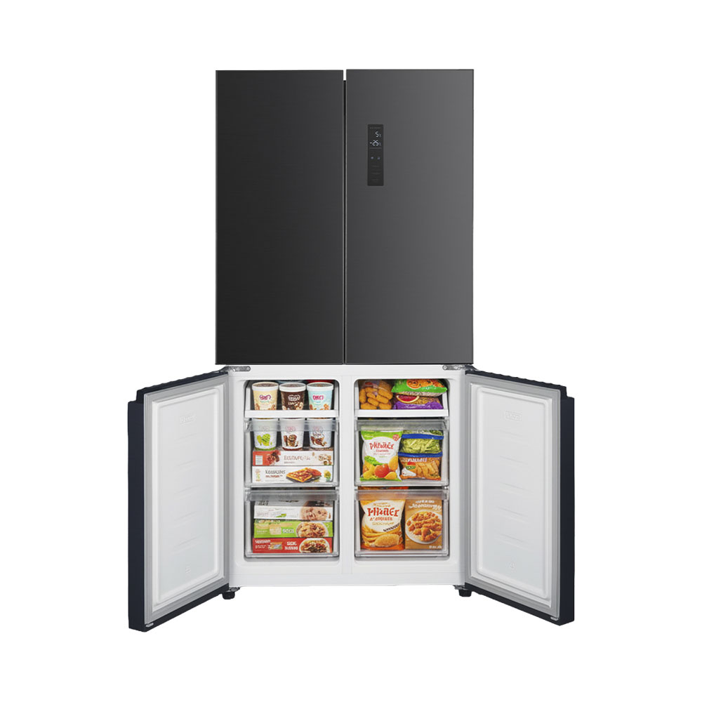 Ein schwarzer Kühlschrank mit vier Türen, oben geschlossen, unten geöffnet.