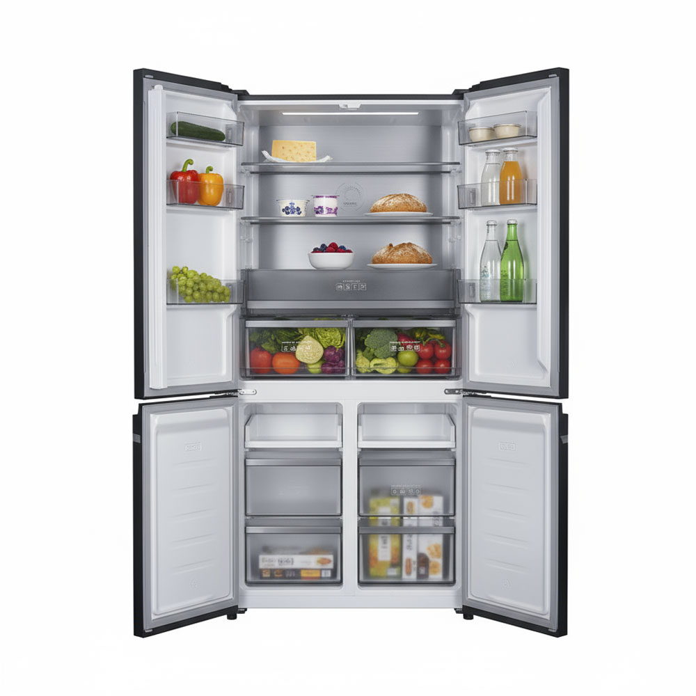 Ein offener Kühlschrank mit Lebensmitteln wie Obst, Gemüse, Brot und Käse.