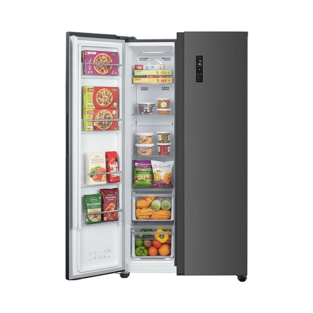 Ein offener Kühlschrank mit gefrorenen Lebensmitteln und Gemüse.