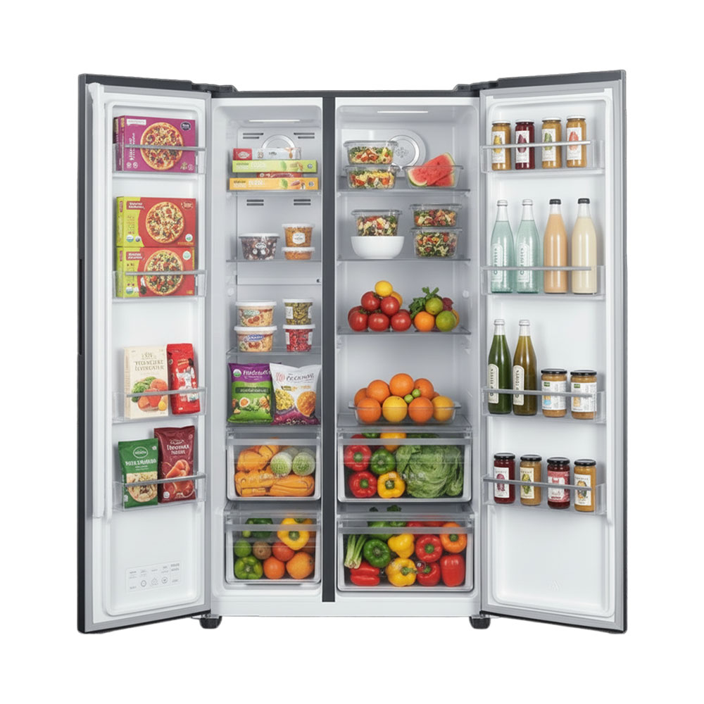 Ein offener Kühlschrank mit Lebensmitteln. Links gefrorene Pizzen, rechts Obst und Gemüse.