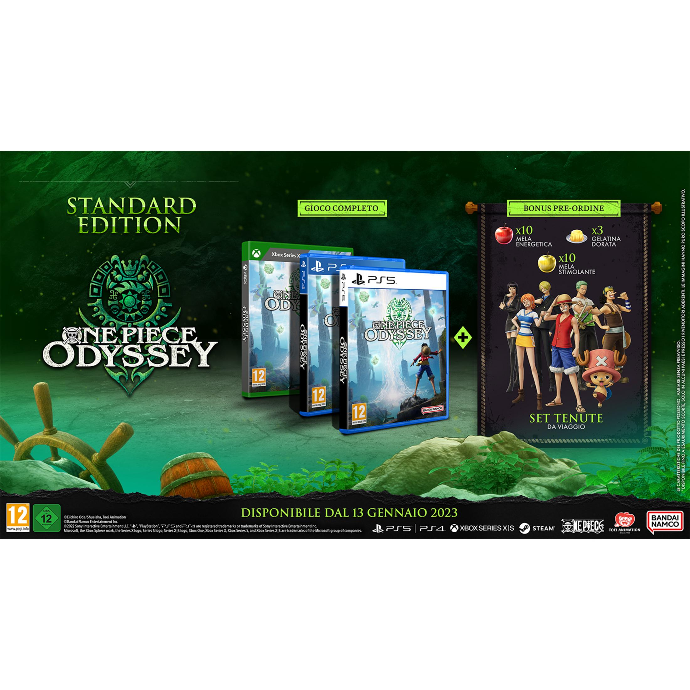 Edizione Standard One Piece Odyssey con custodia, contenuti bonus e personaggi.