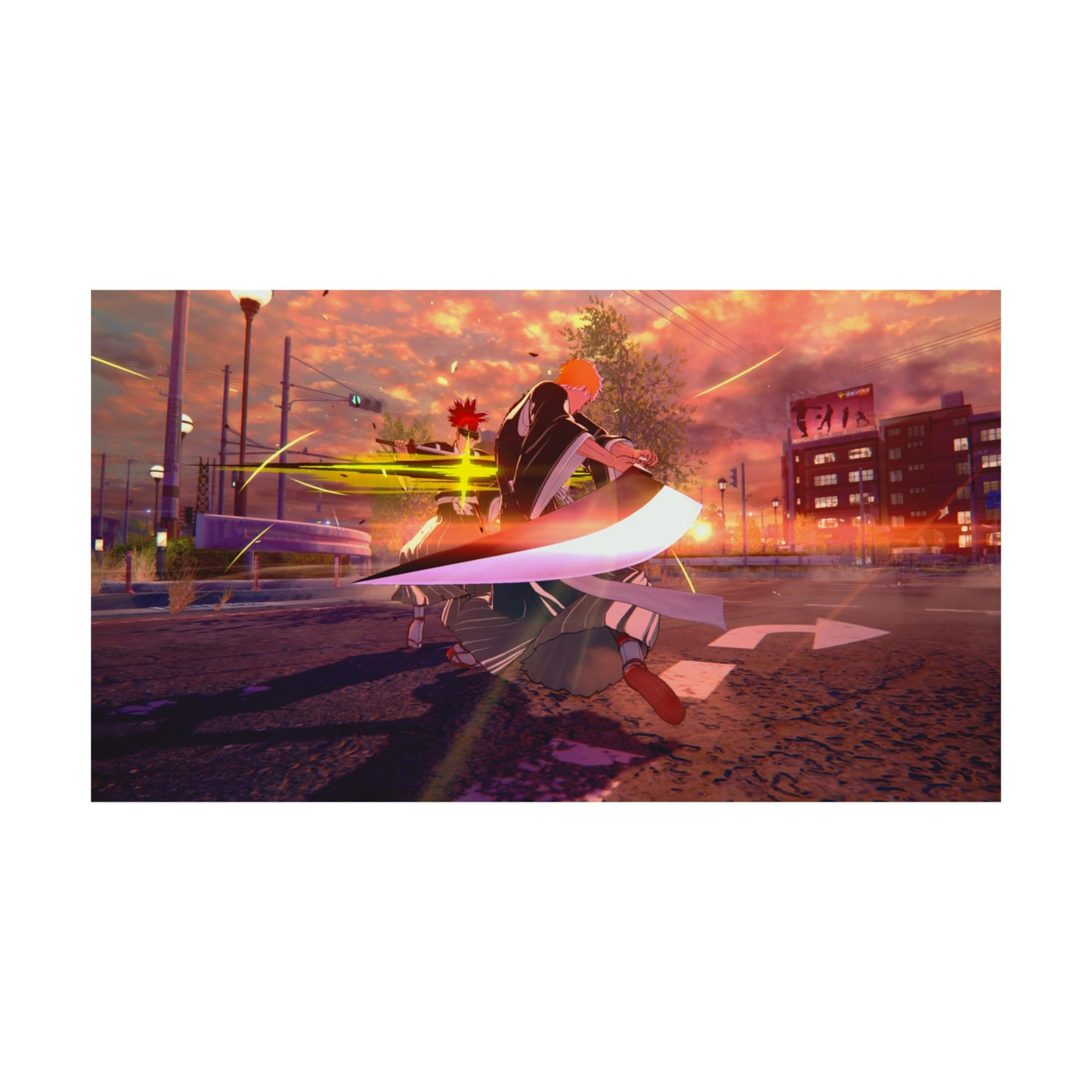 Un personaggio anime con una spada gigante combatte in una strada al tramonto.