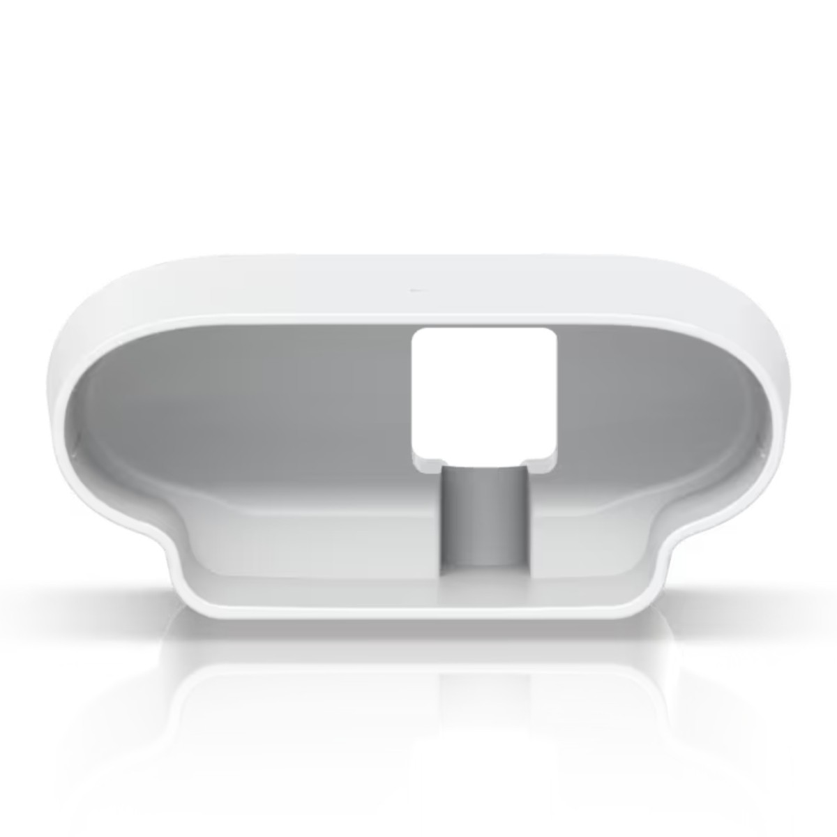 Un oggetto bianco di forma ovale con un'apertura rettangolare al centro.