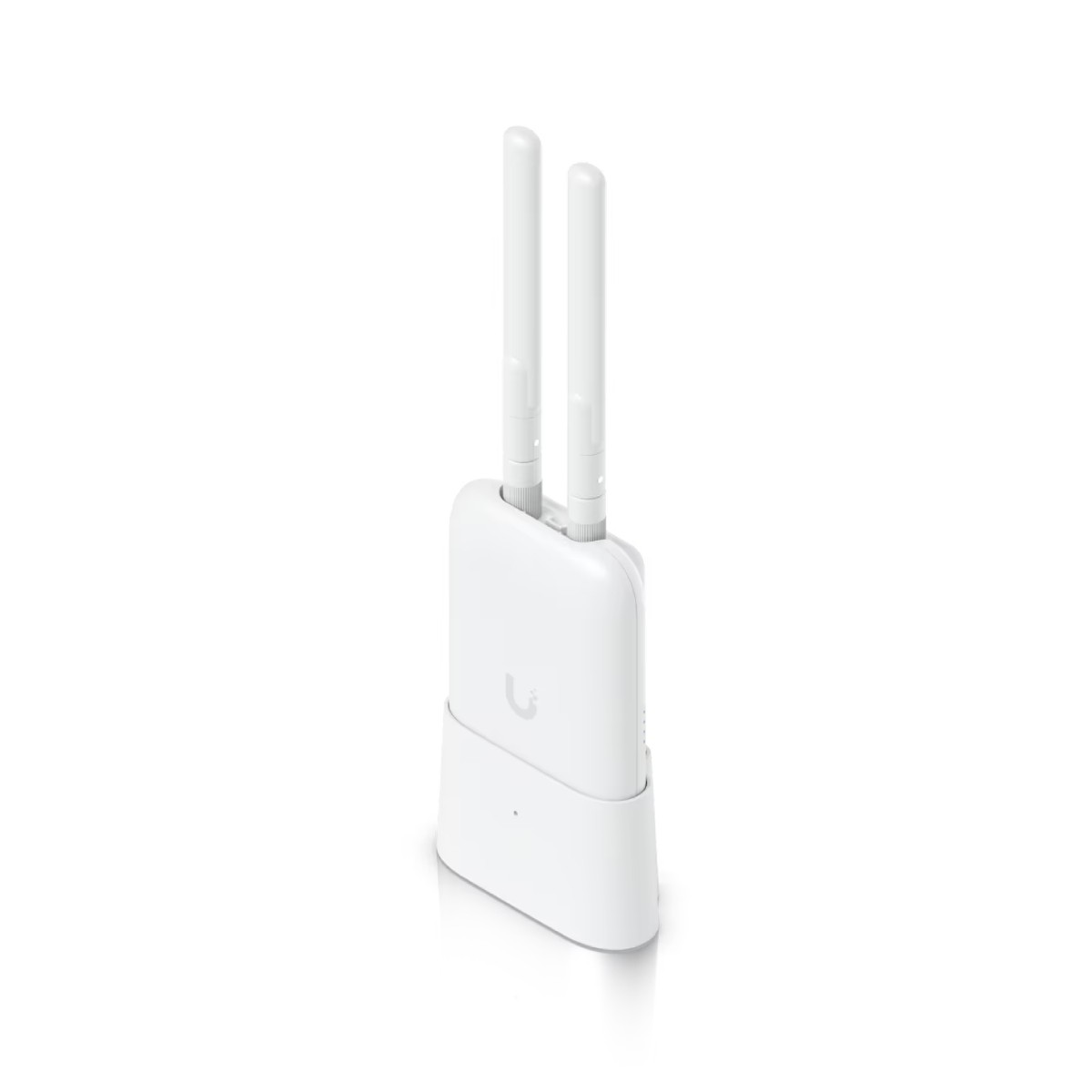 Un punto di accesso Wi-Fi bianco con due antenne si erge su una base bianca.
