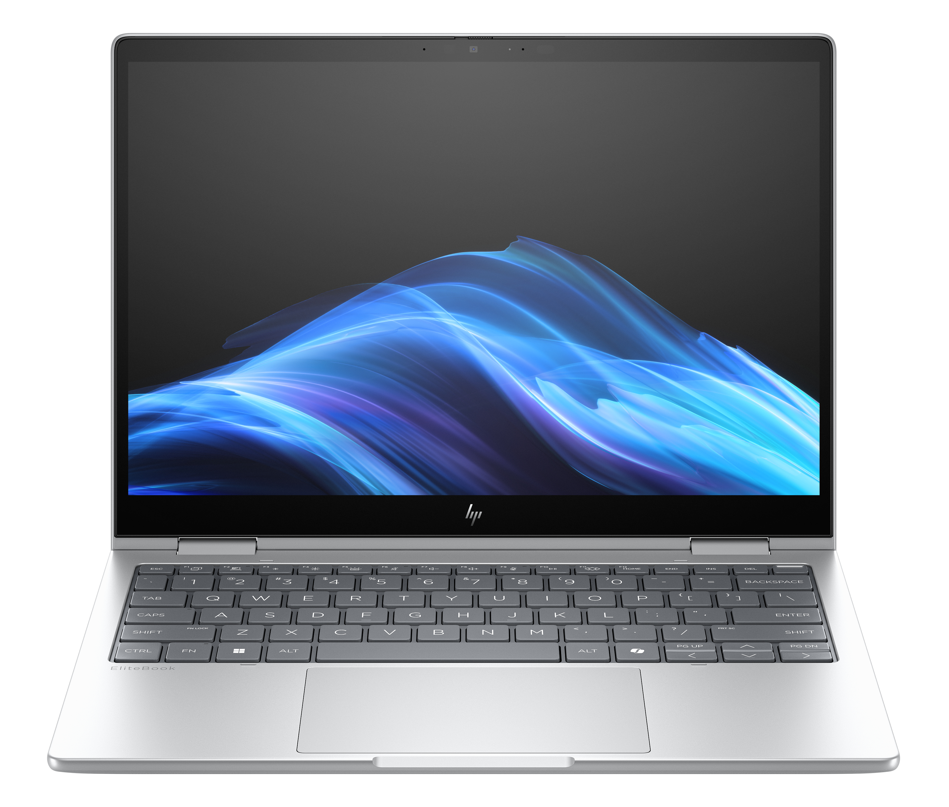 Een zilveren HP EliteBook laptop met een blauw-paarse golvende abstracte achtergrond.