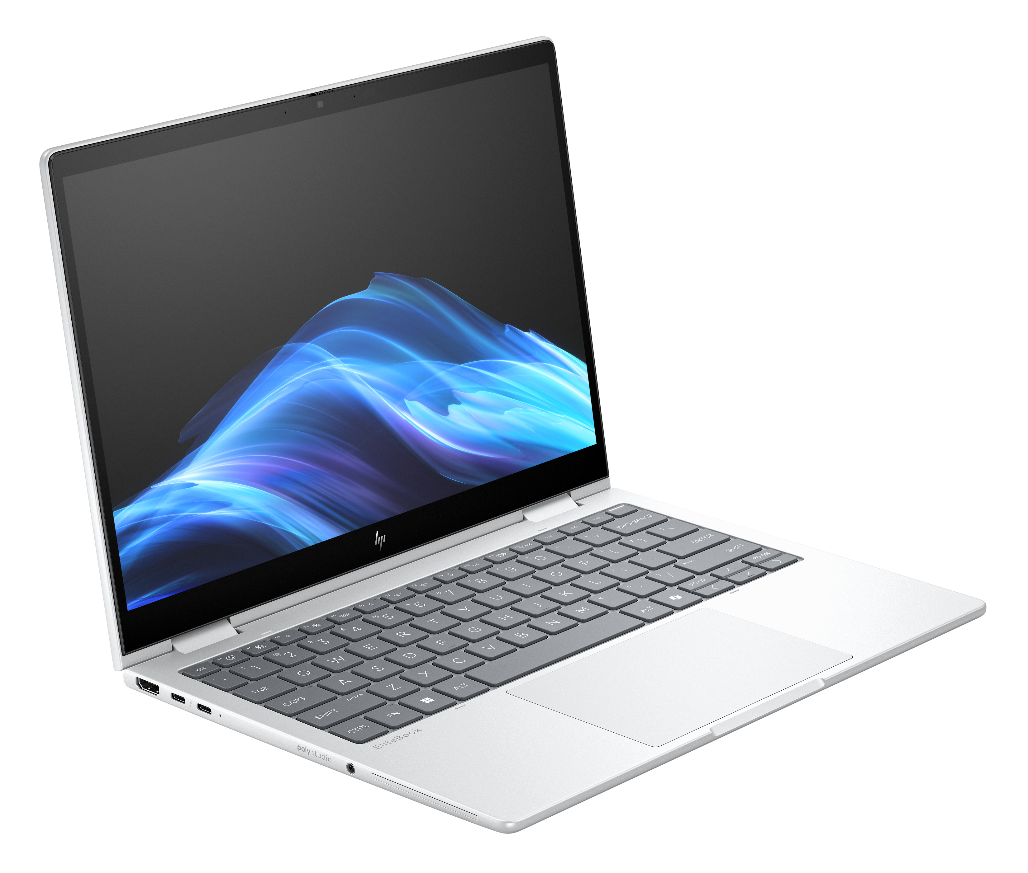 Een zilveren laptop met een verlicht toetsenbord, met een blauwe abstracte achtergrond op het scherm.