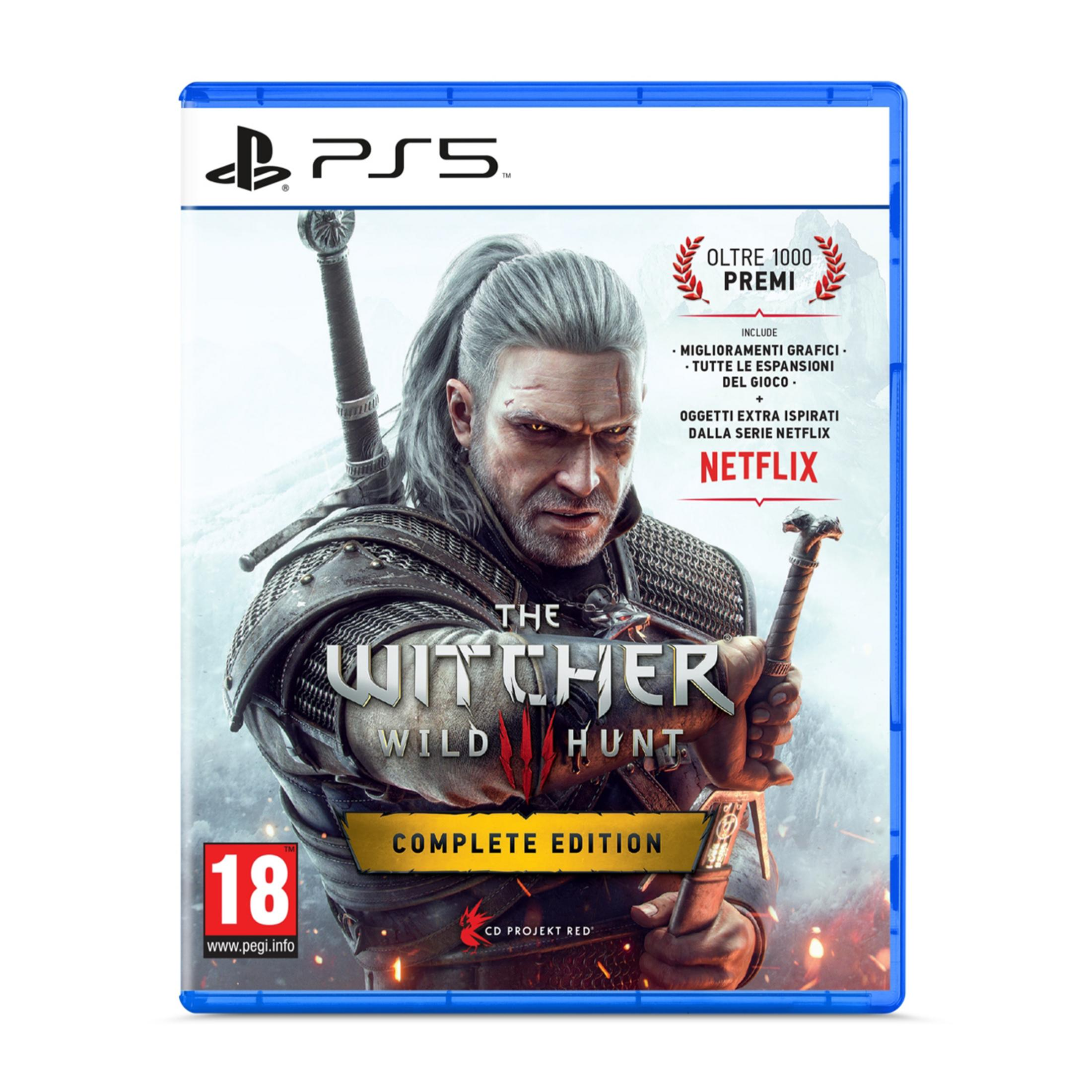 Copertina del gioco The Witcher 3: Wild Hunt Complete Edition PS5 con Geralt.