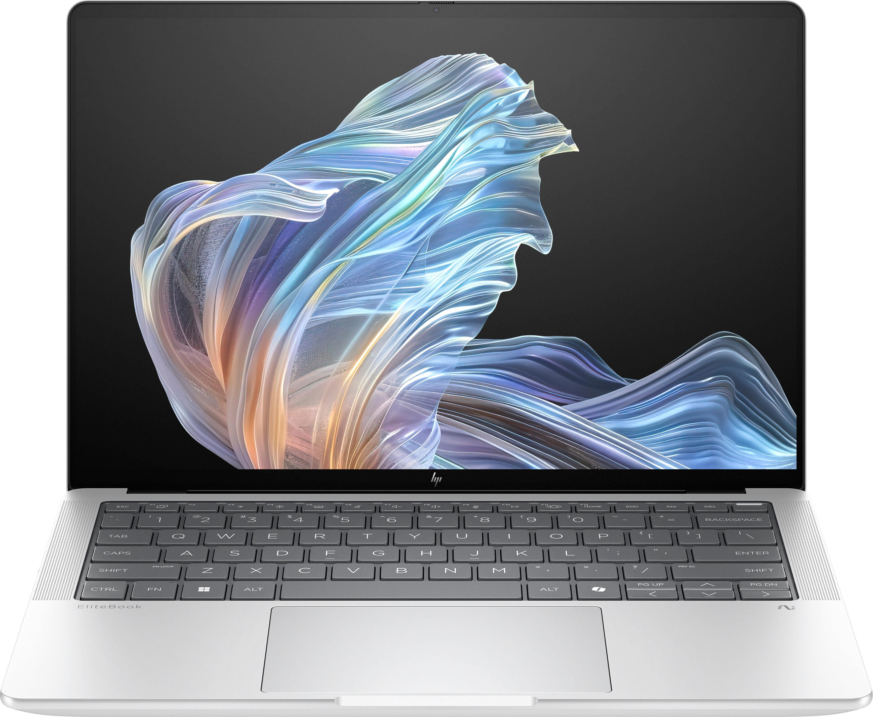 Zilveren HP EliteBook laptop open, met kleurrijk abstract golvend behang op het scherm.